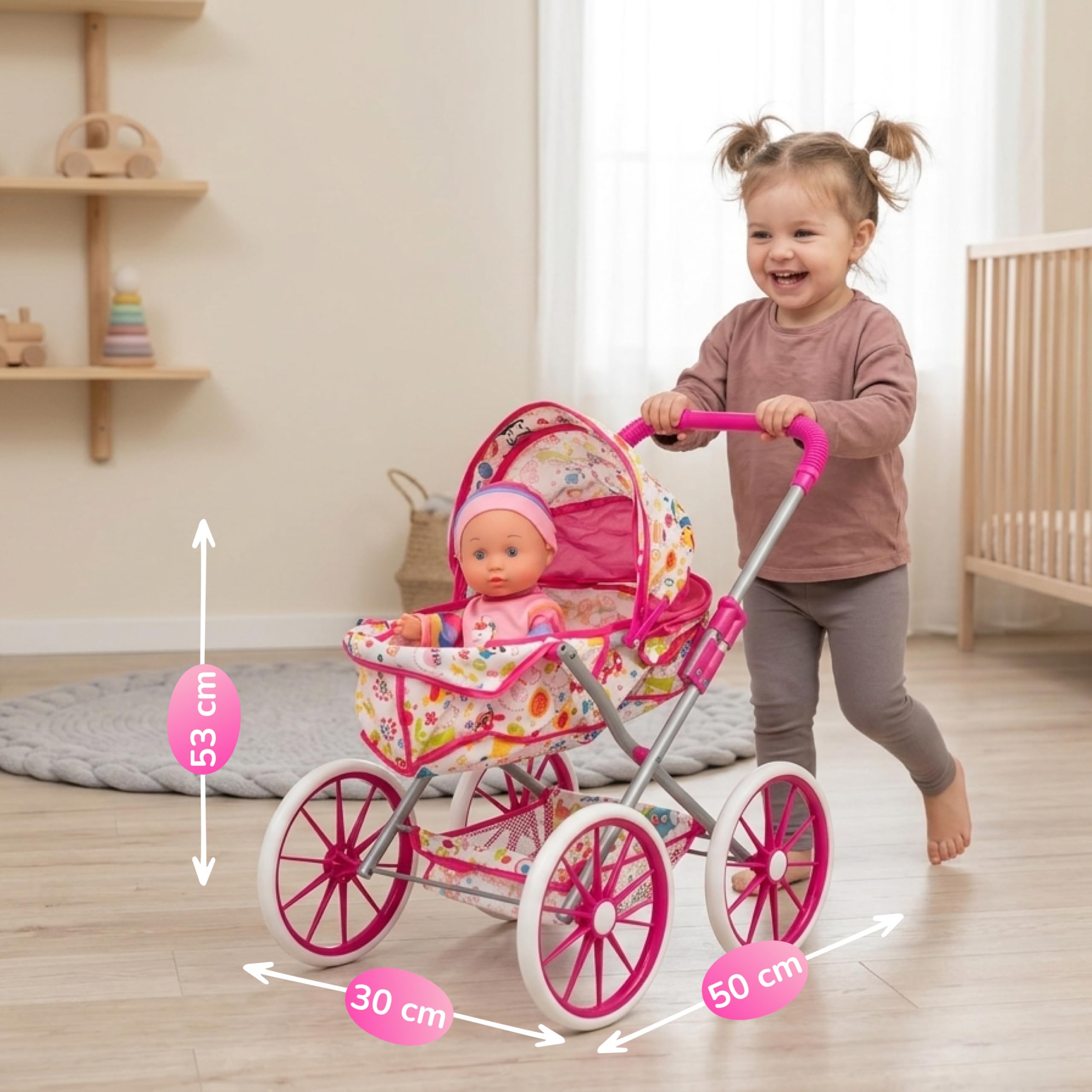 Carrito de Muñecas con Muñeco Bebé y Accesorios 20 Piezas – Cochecito de Juguete Plegable con Capota, Bolsa y Ruedas EVA – Set Completo Muñeca con Orinal, Biberón y Complementos – +3 Años