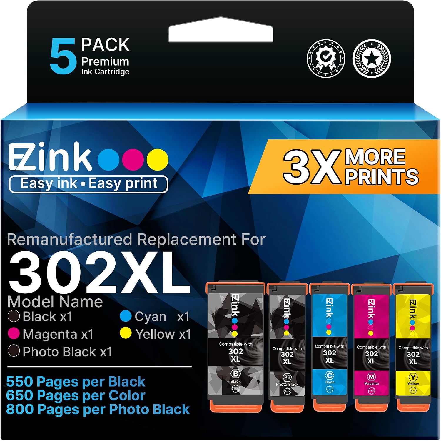 E-Z Ink Remanufactured Ink Cartridge Replacement for Epson 302XL Ink Cartridges Multipack Pack for 302 Ink Cartridge for Expression Premium XP-6000 XP-6100 Printer (BK/PGBK/C/M/Y, 5 Pack)