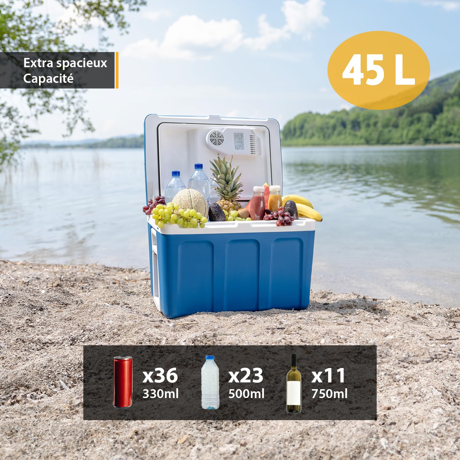TZS First Austria - Réfrigérateur portable 45L électrique 12V 230V prise voiture & standard - Box thermoélectrique refroidit & chauffe - Glacière avec roues - Pour camping, festival, voyages - Bleu