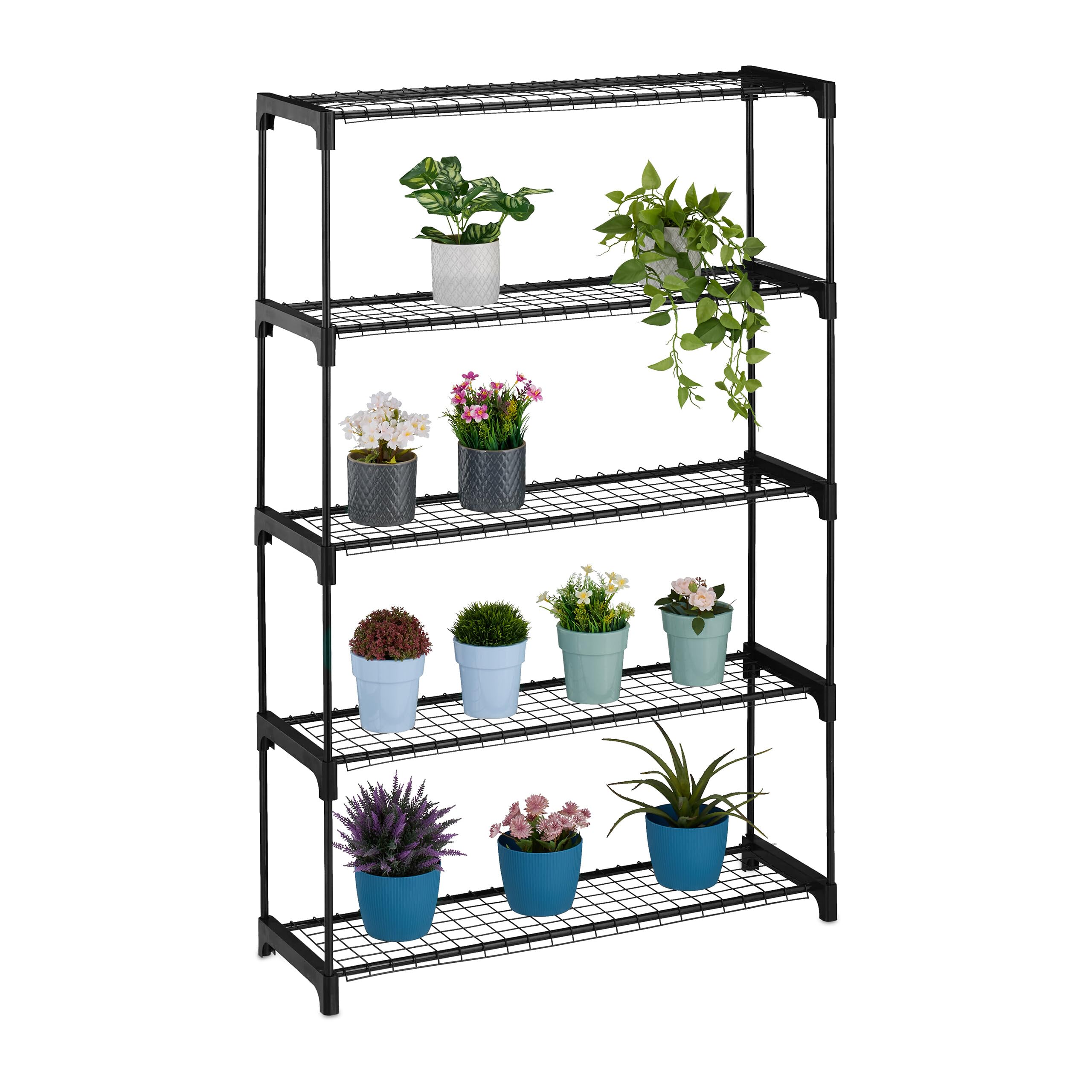 Relaxdays Plant Rack, 5, Stand for Flowers & Pots, Metal & Plastic, HWD: 140x91x28 cm, Shelving for Herbs, Black, Steel