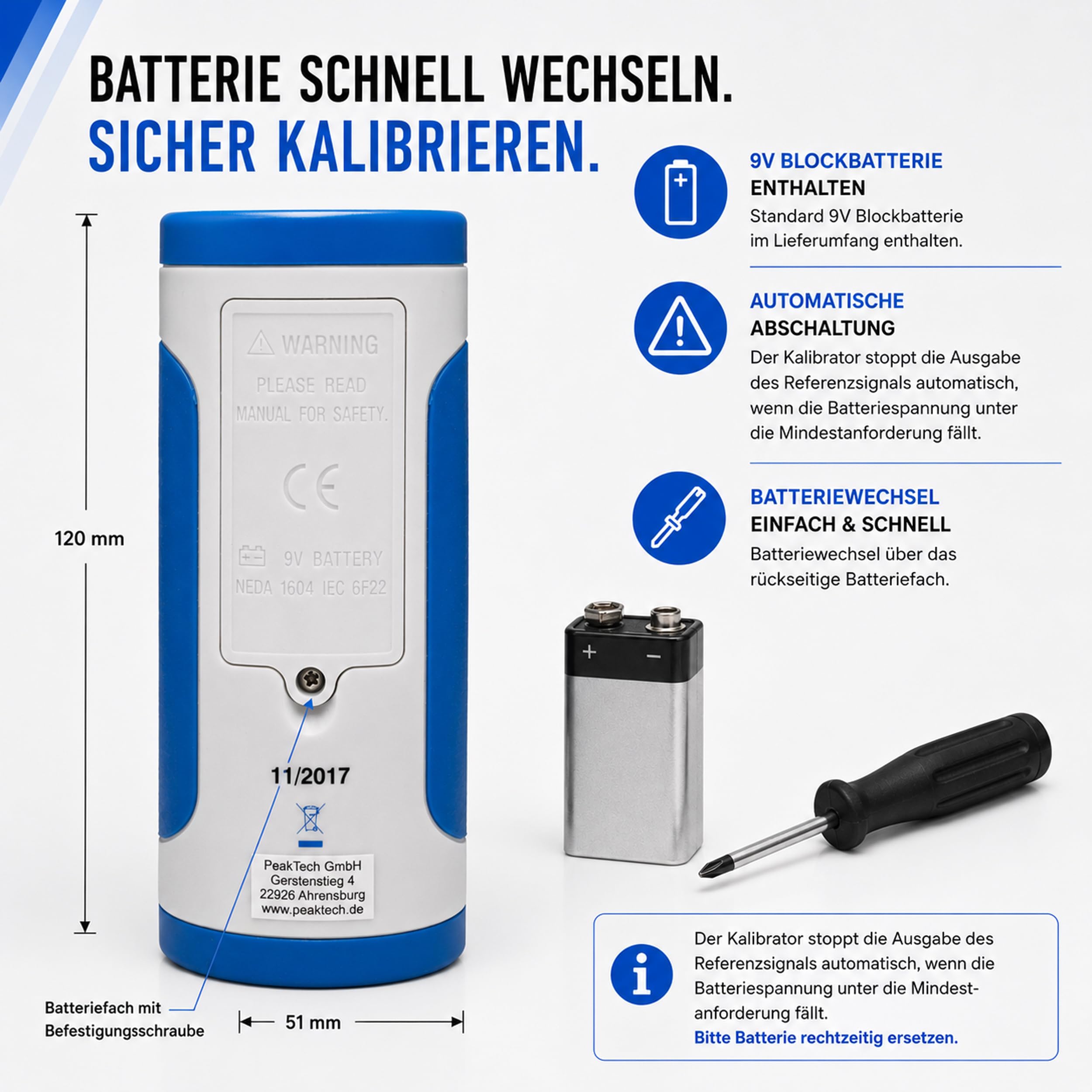 PeakTech P 8010 Schallpegelkalibrator – Präziser Decibel-Meter Kalibrator für Schallpegelmessgeräte, Klasse 2, 94 dB/114 dB, Hohe Genauigkeit für Geräuschpegelmessung und dB-Messgerät