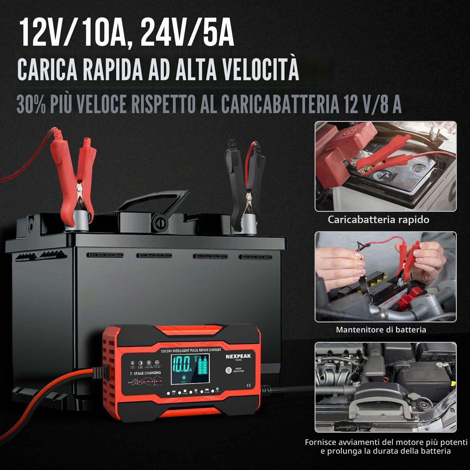 Carica Batterie per Auto, Caricabatteria da Auto 12V / 24V 10A Multi Protezioni Caricabatteria e Mantenitore,Intelligente Touch Schermo LCD Caricabatteria Completamente Automatico (Rosso) | Schermo LCD, 4 modalità, Protezioni multiple, Riparazione impulsi
