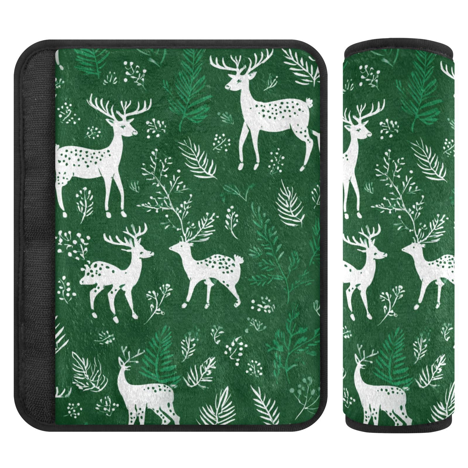 White Christmas Deers Plants Seat Belt Cover Pad 2 Pcs Soft Cute Seatbelt Covers Protector Support Head Neck Shoulder Strap for Car Seats High Chair Backpack for Adults Kids Women Men 10x7.7In