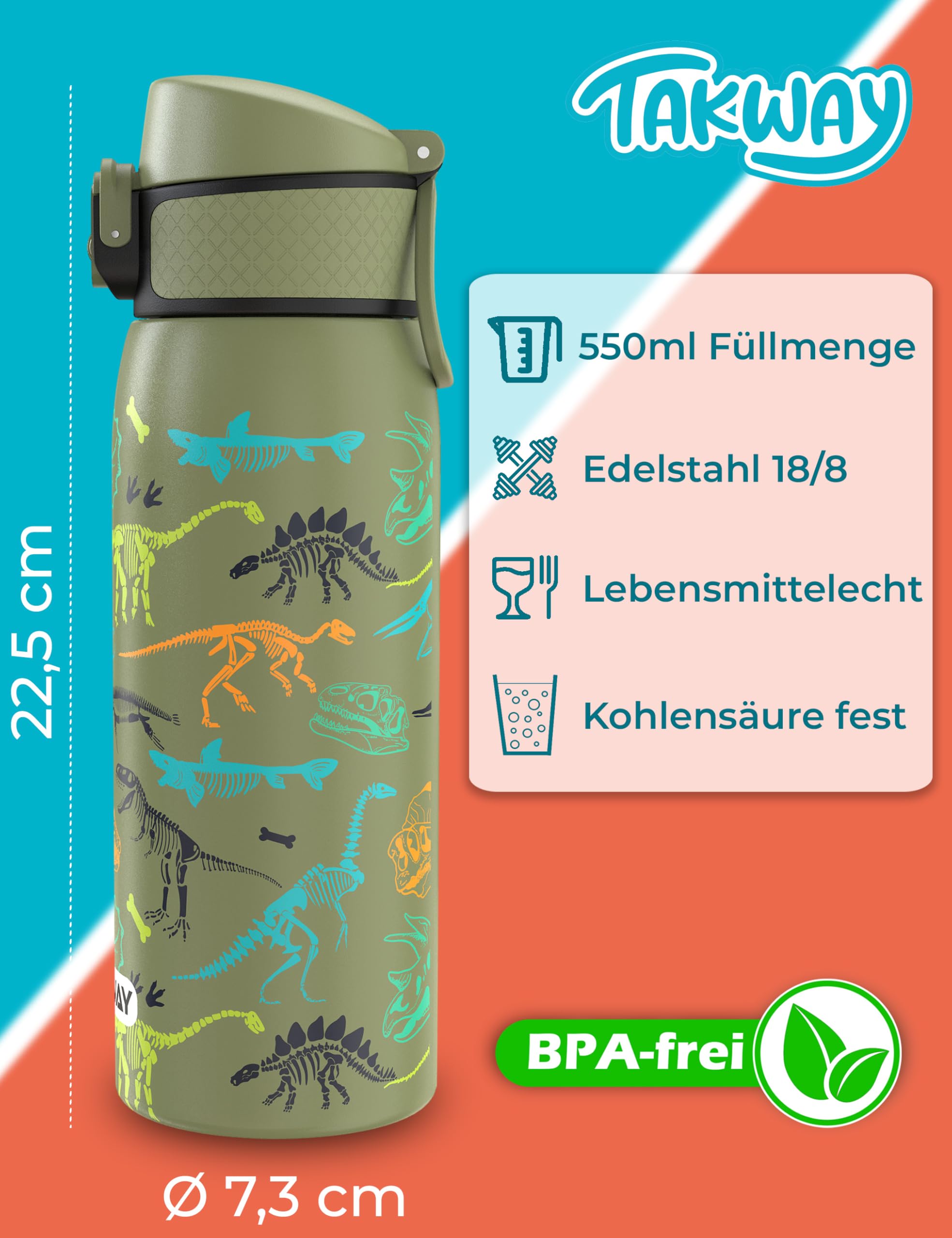 Edelstahl Trinkflasche Kinder 550ml - Auslaufsicher, isoliert und Kohlensäure geeignet - Flasche für Schule, Sport (Dinosaurier)