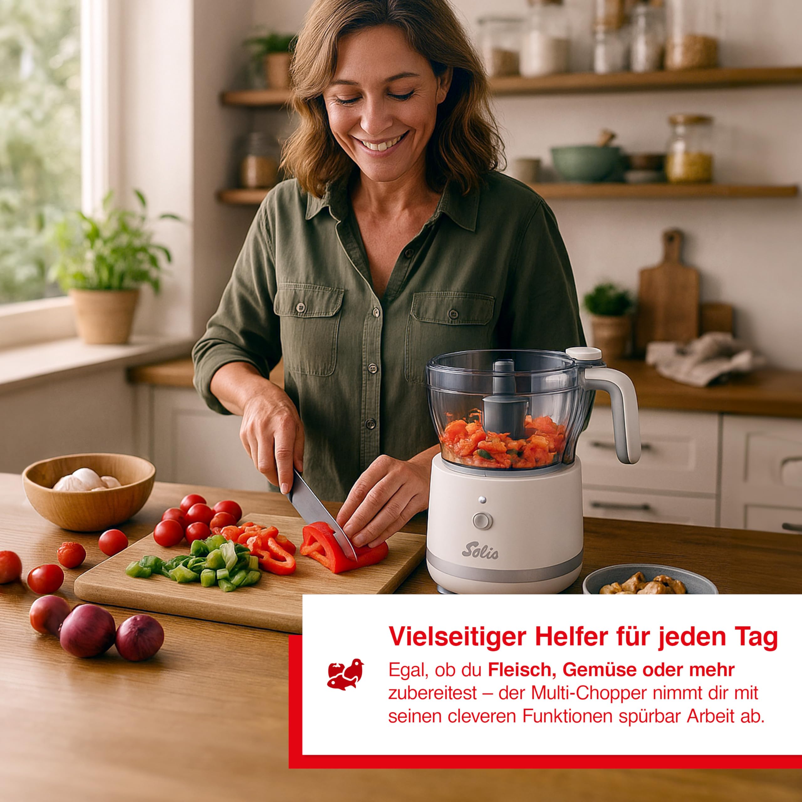 Solis Multi Chopper – Zerkleinerer mit 2 Behältern & Emulgierscheibe, für Gemüse, Fleisch, Kräuter & Dips – mit Start-Sicherheitsschalter & Saugnapf, spülmaschinengeeignet