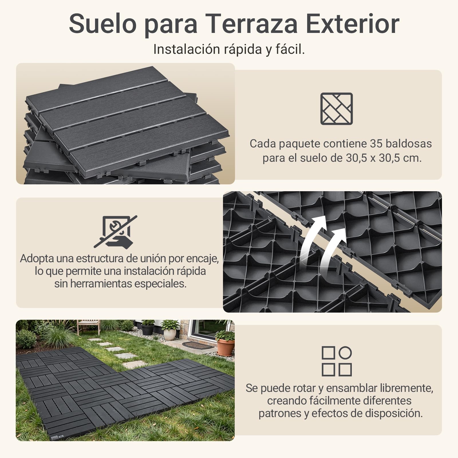 Sobuy Set de 35 Piezas Suelo para Terraza Exterior, Suelo Composite Exterior Antideslizante Impermeable Suelo Terraza Jardin Piscina Gris 30.5x30.5x2 cm SDA15-HG — view 2