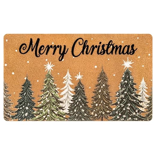 Christmas Door Mat Outdoor, 30'' x 17'' Coir Merry Christmas Welcome Doormat, Non Slip Winter Christmas Rug Front Door Mat for Home Porch Bath Kitchen Entryway Indoor Outdoor Decor (Green Brown)