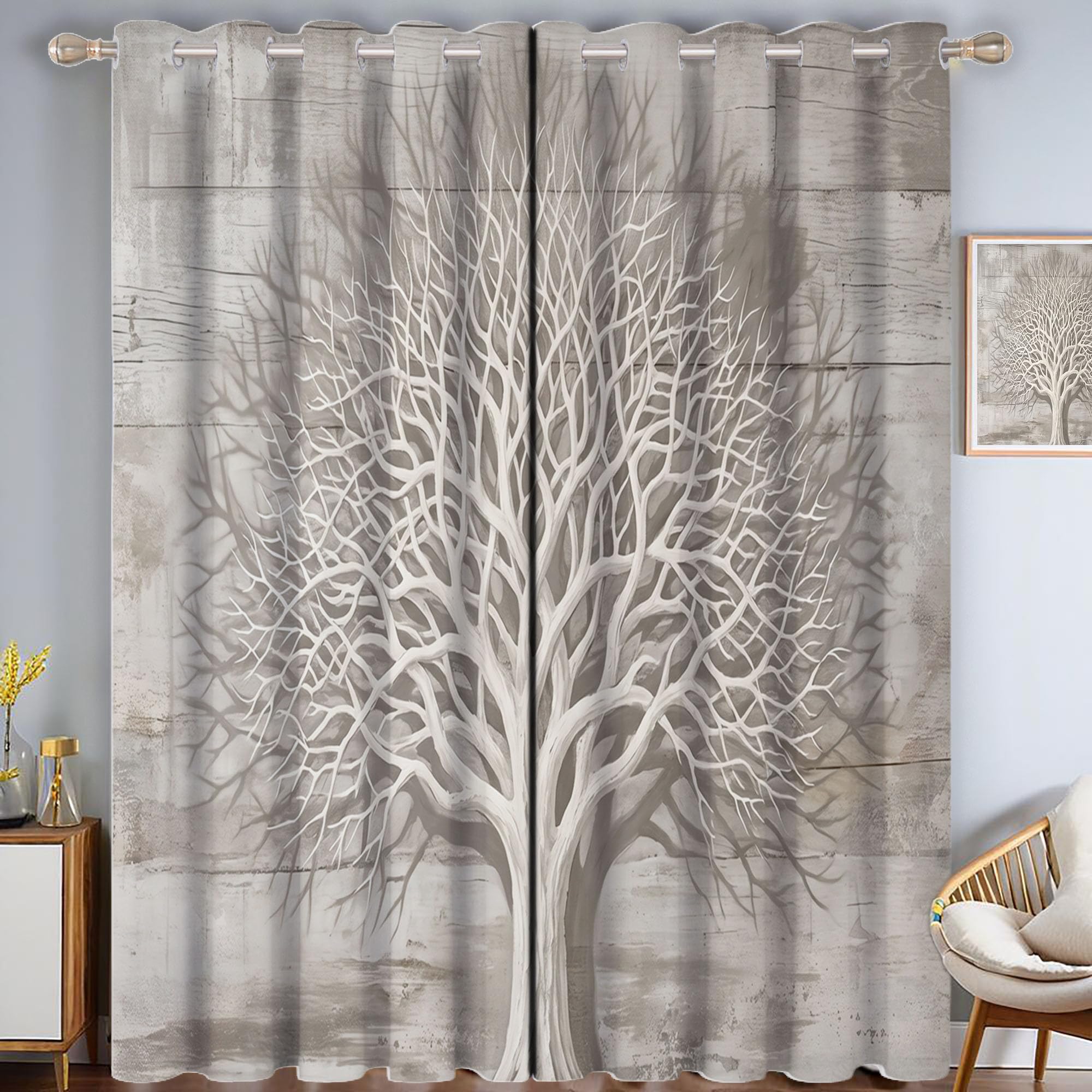 Antiker Toter Baum Vorhänge Blickdicht Verdunkelungsvorhang Mit Ösen, Minimalistisch Und Natürlich Gardinen Wohnzimmer Schlafzimmer Ösenvorhang Wärmehaltung, H215 X B110 cm (2Er Pack)
