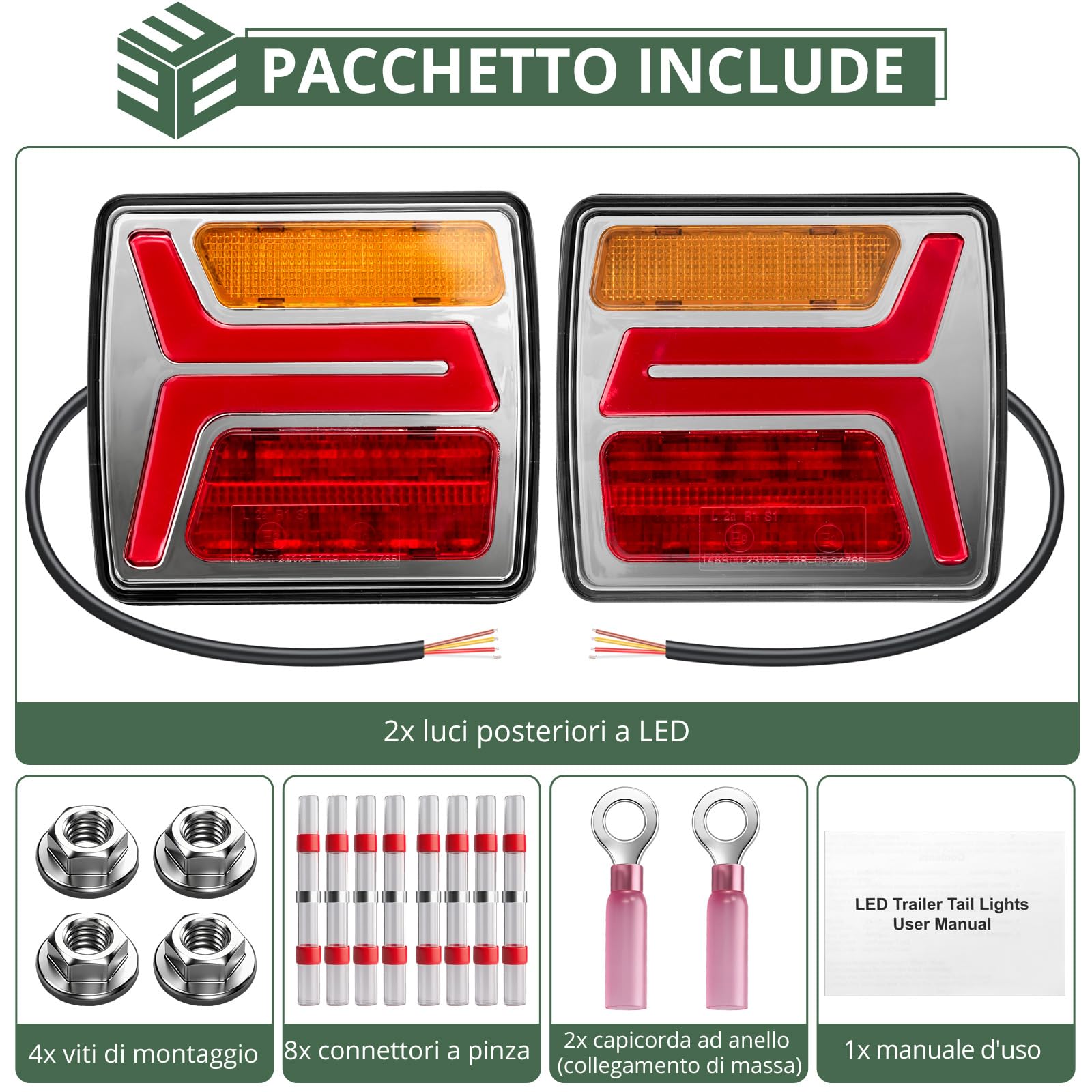 EYPINS 35 LED Luci Posteriori per Rimorchio Senza Fili,IP67 Impermeabile,Cavo da 25cm,12V Kit Fanali Posteriori per Rimorchio,Trattore,Caravan,E9 R148 R10