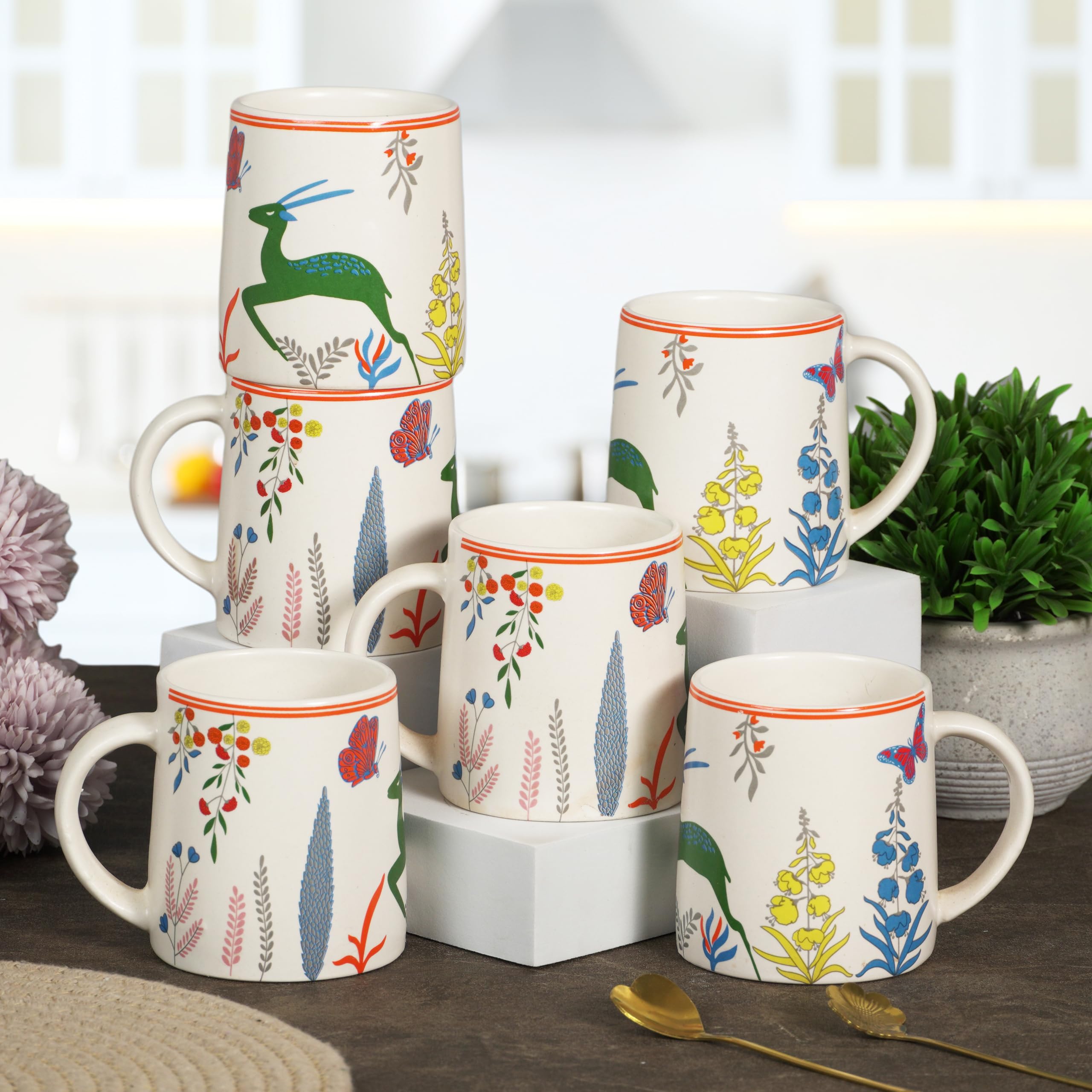CRAF10 Green Stag Ceramic Coffee/Tea Mugs – Set of 6, 330 ML Each, Elegant & Durable, Microwave & Dishwasher Safe-picture-30
