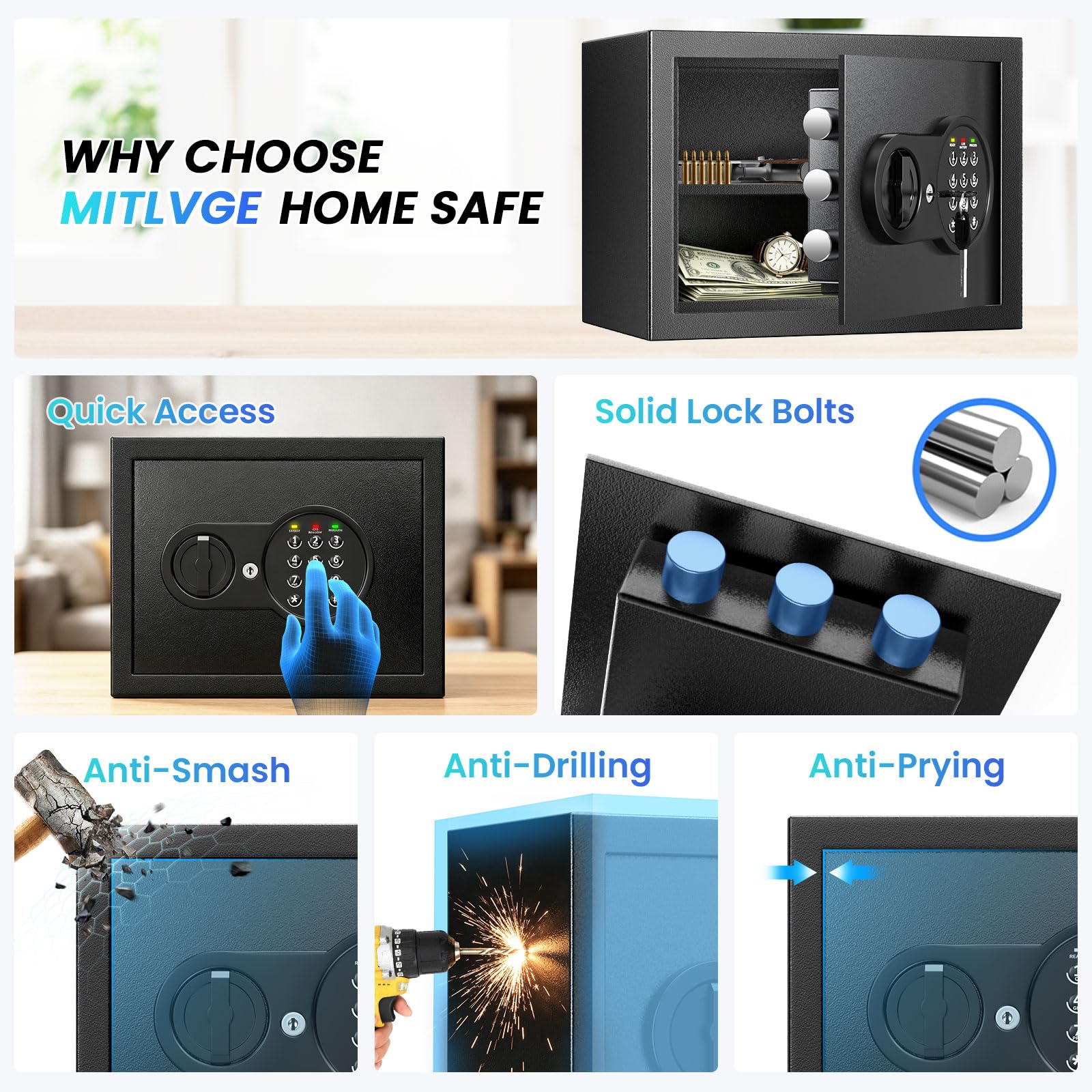 Mitlvge 1.2 CU Ft Home Safe Ignífugo Impermeable, Pequeña Caja Fuerte Ignífuga con Bolsa De Dinero Ignífuga, Teclado Programable Y Repisa Extraíble, Caja Fuerte Digital De Seguridad para Dinero Domé