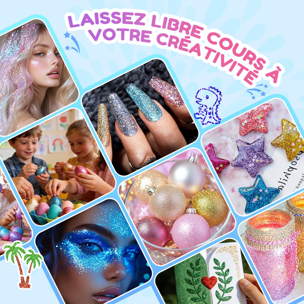Bledras Kit Tatouage Paillettes Enfant, 36 Couleurs Comprend 6 Couleurs Lumineuse Paillettes Gel, Tatouage Temporaire pour Fête, Halloween, Carnaval, Maquillage Cheveux, Ongles