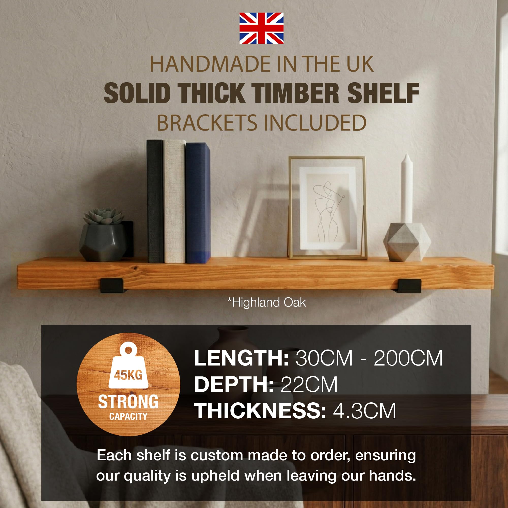 Top Notch Home & Living Handcrafted Rustic Wooden Wall Shelf, Incl 2 Up Brackets - Image 2