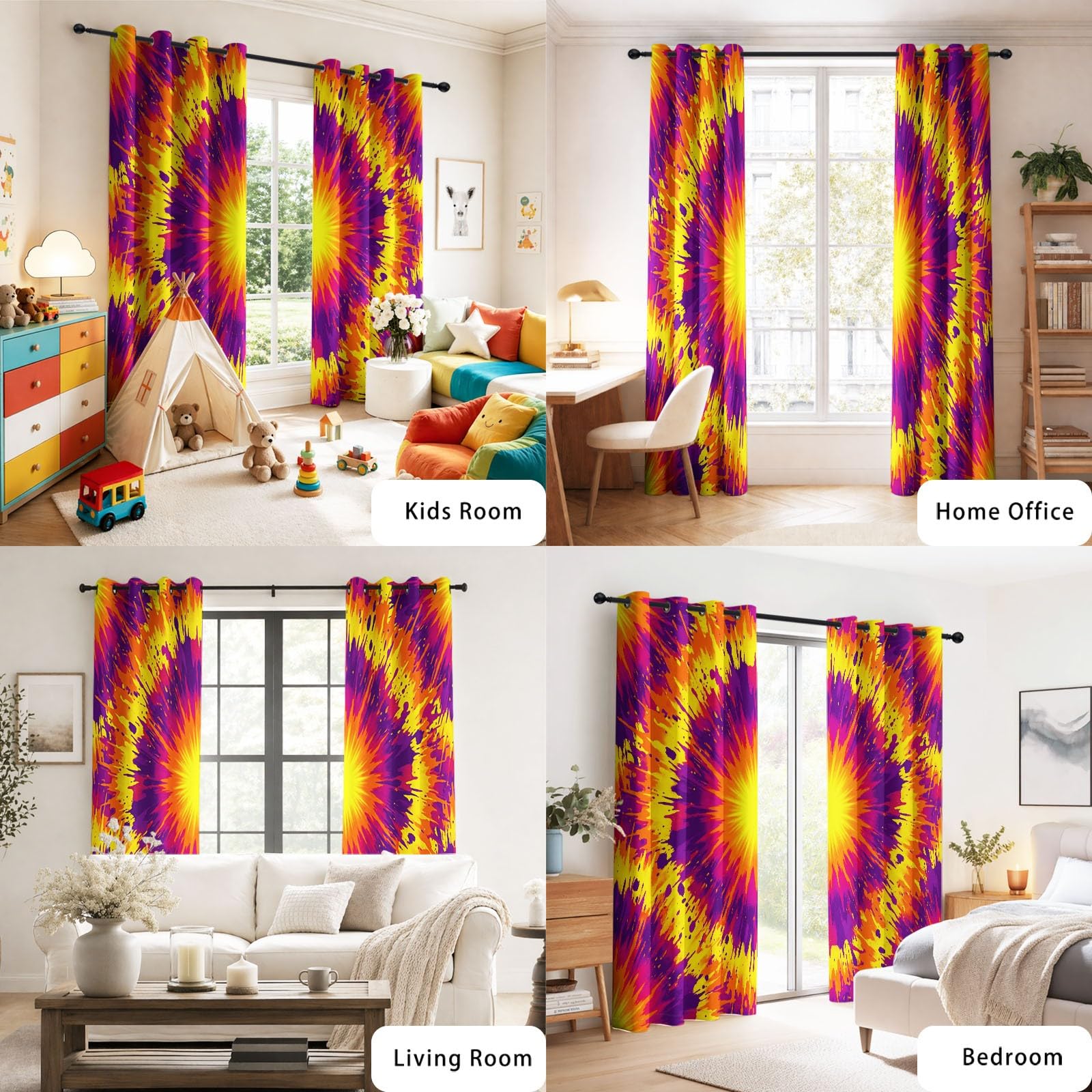 Zasłony zaciemniające z nadrukiem, psychodeliczne, 117 x 140 cm (2 panele) z abstrakcyjnym wzorem tie-dye, te zasłony zaciemniające zapewniają prywatność w sypialni