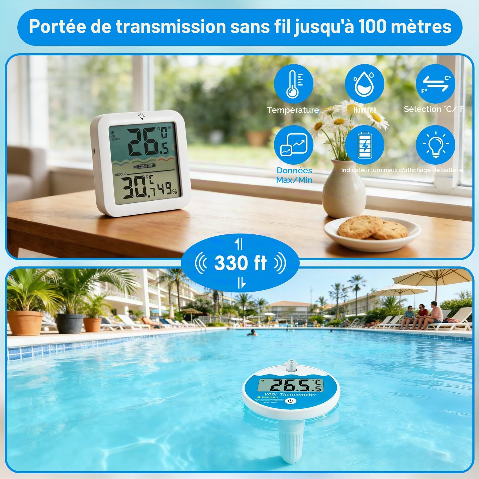 Thermomètre Flottant pour Piscine AOZBZ, Sans Fil, étanche IP68, avec Sécurité Enfant. Idéal pour Piscine Spa Baignoire, Bassin Piles non incluses