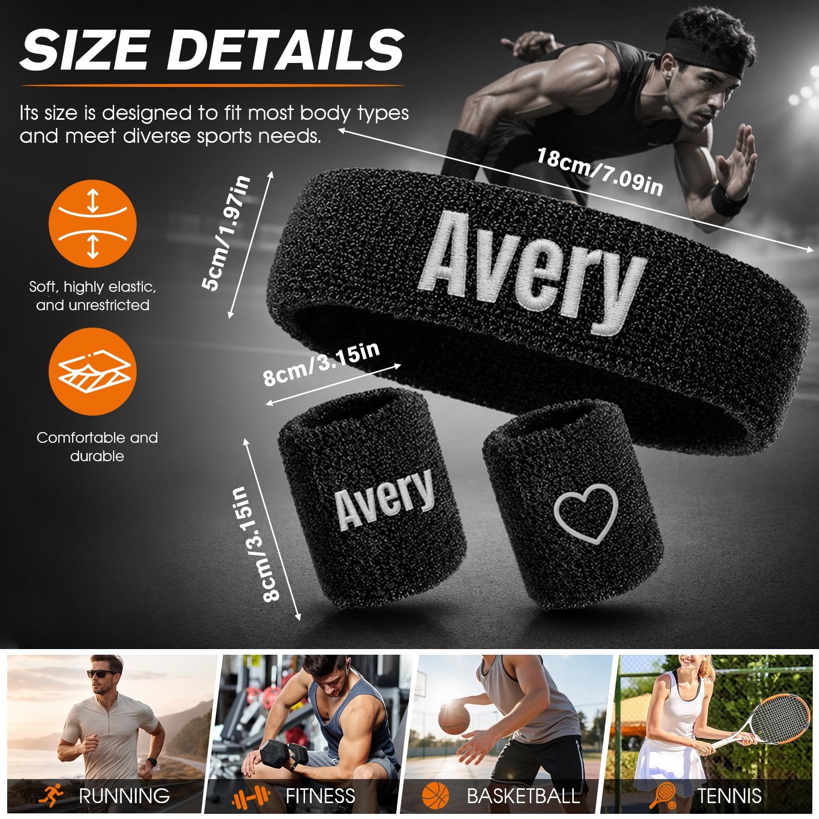 Personalizzazione Polsini Palestra & Fascia Capelli Uomo(Set Da Tre Pezzi), Personalizzabile Con Ricamo Nome/Logo, Per Uomo E Donna Fascia Capelli Sport, Ideale Per Palestra E Giocare A Basket