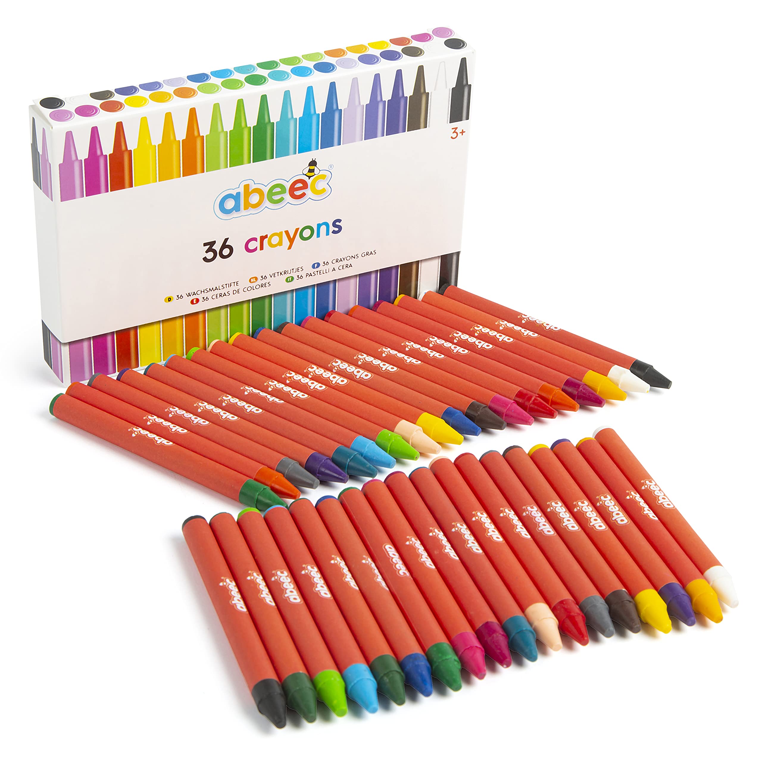 Abeec 36 Assorted Wax Crayons - Set of 36 Coloured Crayons for Kids - 18 with 2 of Each - Art and Crafts Supplies