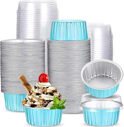 150 moldes desechables de papel de aluminio para hornear, con tapas, mini moldes para cupcakes de 5 onzas, moldes para flan, moldes para tartas con