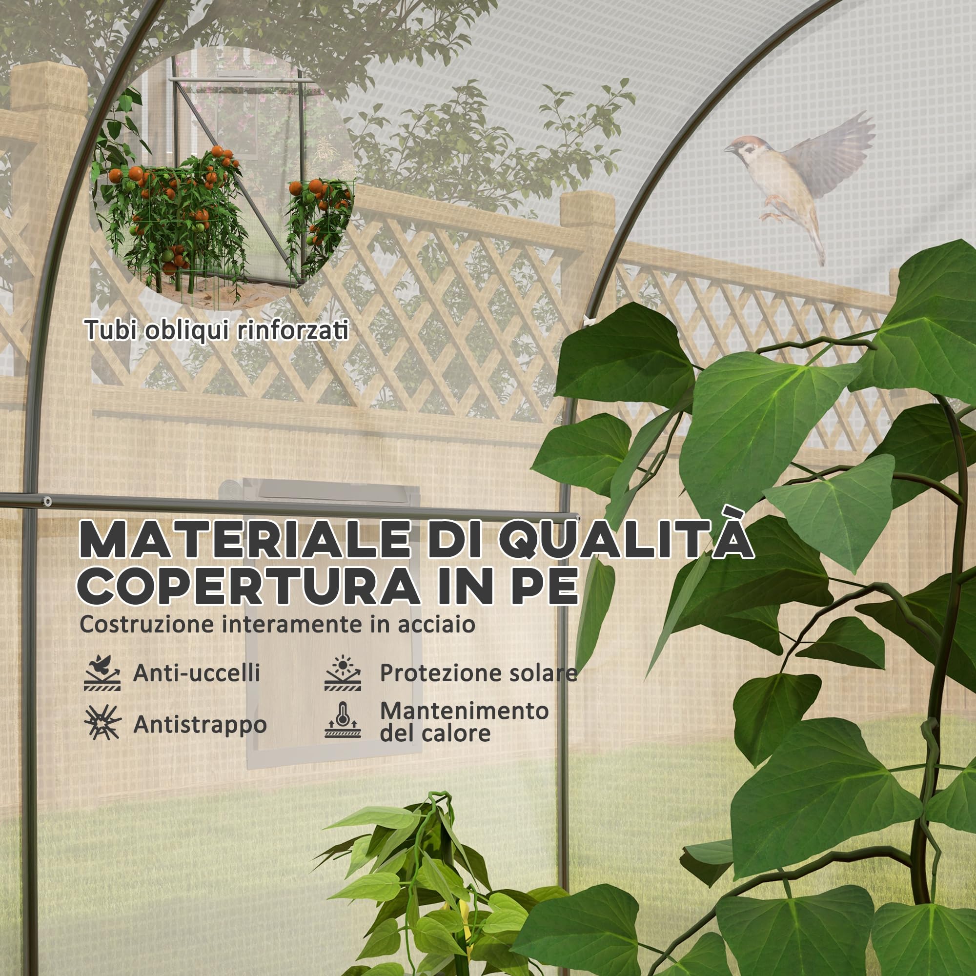Outsunny Serra da Giardino, Serra a Tunnel per Giardino con Porta a Rullo e 6 Finestre, per Orto in Polietilene e Acciaio, 3.5x3x2 m, Bianco