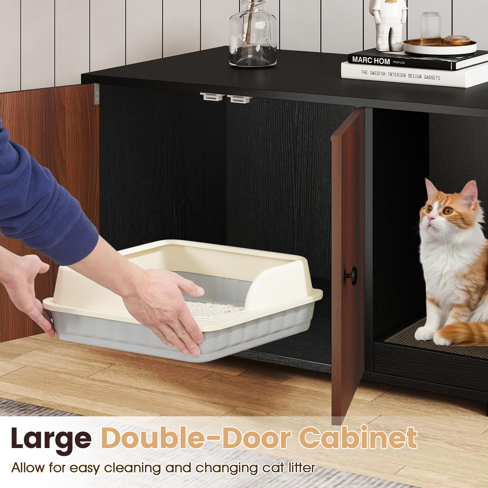 Tangkula Cat Litter Box Enclosure, Hidden Litter Box Furniture with Scratching Board, Double Doors, Modern Indoor Cat House End Table, Wooden Cat Washroom Cabinet (Black+Walnut) - image 6