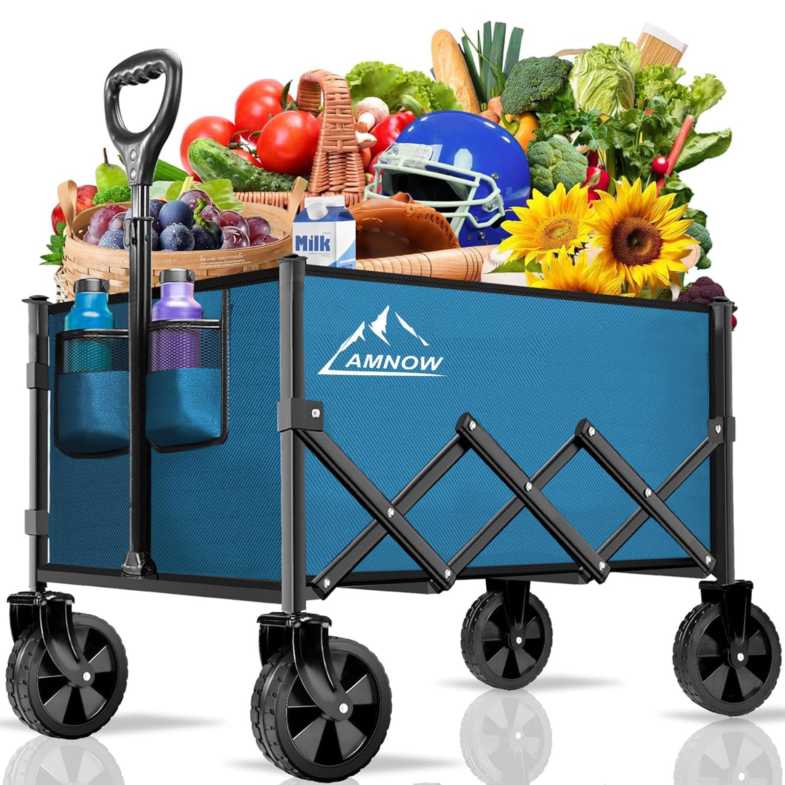 AMNOW 100L Collapsible Wagon Cart with All Terrain Wheels, 350LBS, Blue