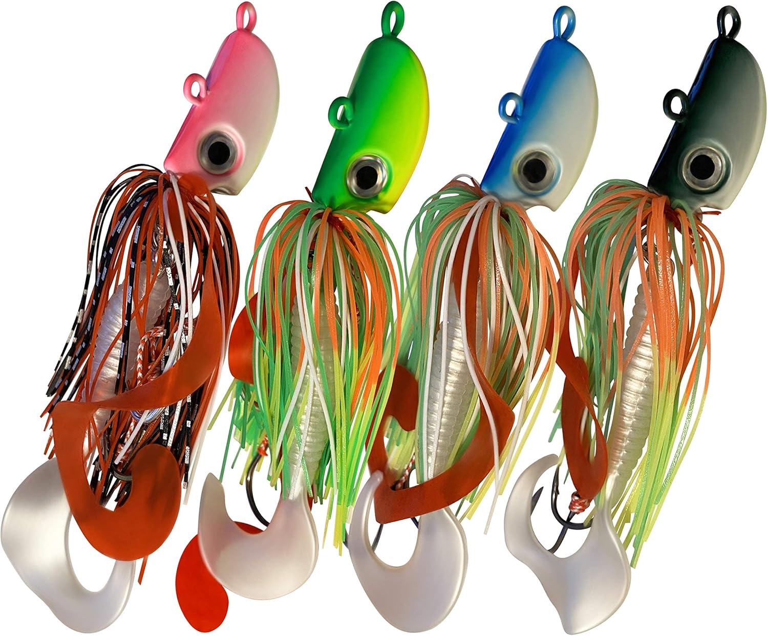 4 Bearded Bucktail Saltwater Octopus Jigs Striper, Flounder, Fluke, Bass, Bluefish, Blackfish Offshore, Surf Fishing Speed, Slow Jigging, Vertical Pitching Lures Assorted Kit