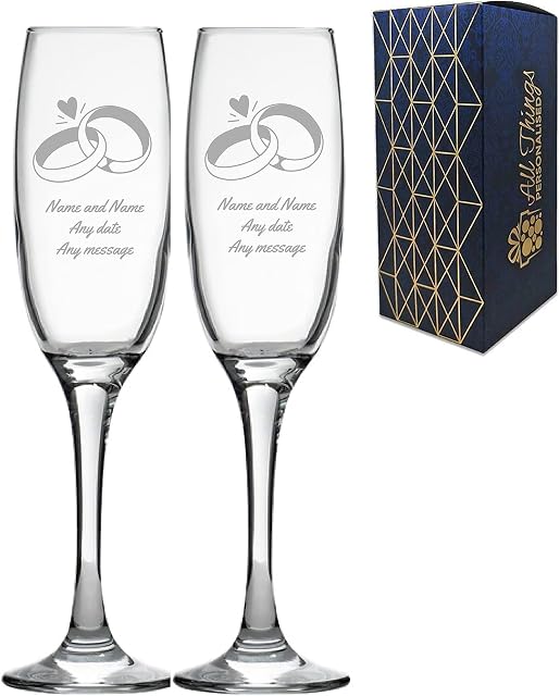 Personalised Engraved Wedding Champagne Glass Set with Any Message, Any Date, Wedding Rings Design, Two 7oz/207ml Custom Champagne Glasses, Engraved in The UK