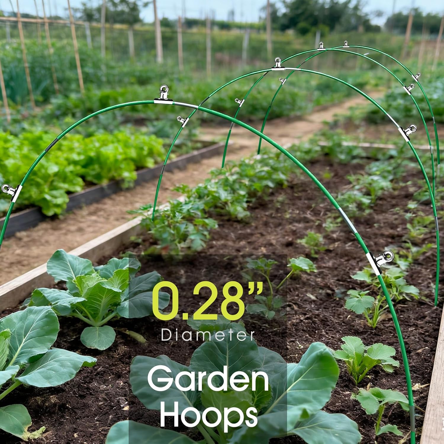 RIFNY 48 PCS Garden Hoops for Raised Beds, Greenhouse Hoops Kit Long Grow Tunnel for Row Cover, Rust-Free Fiberglass Garden Support Poles for Insect Mesh Netting Freeze Plant Cover (Green)