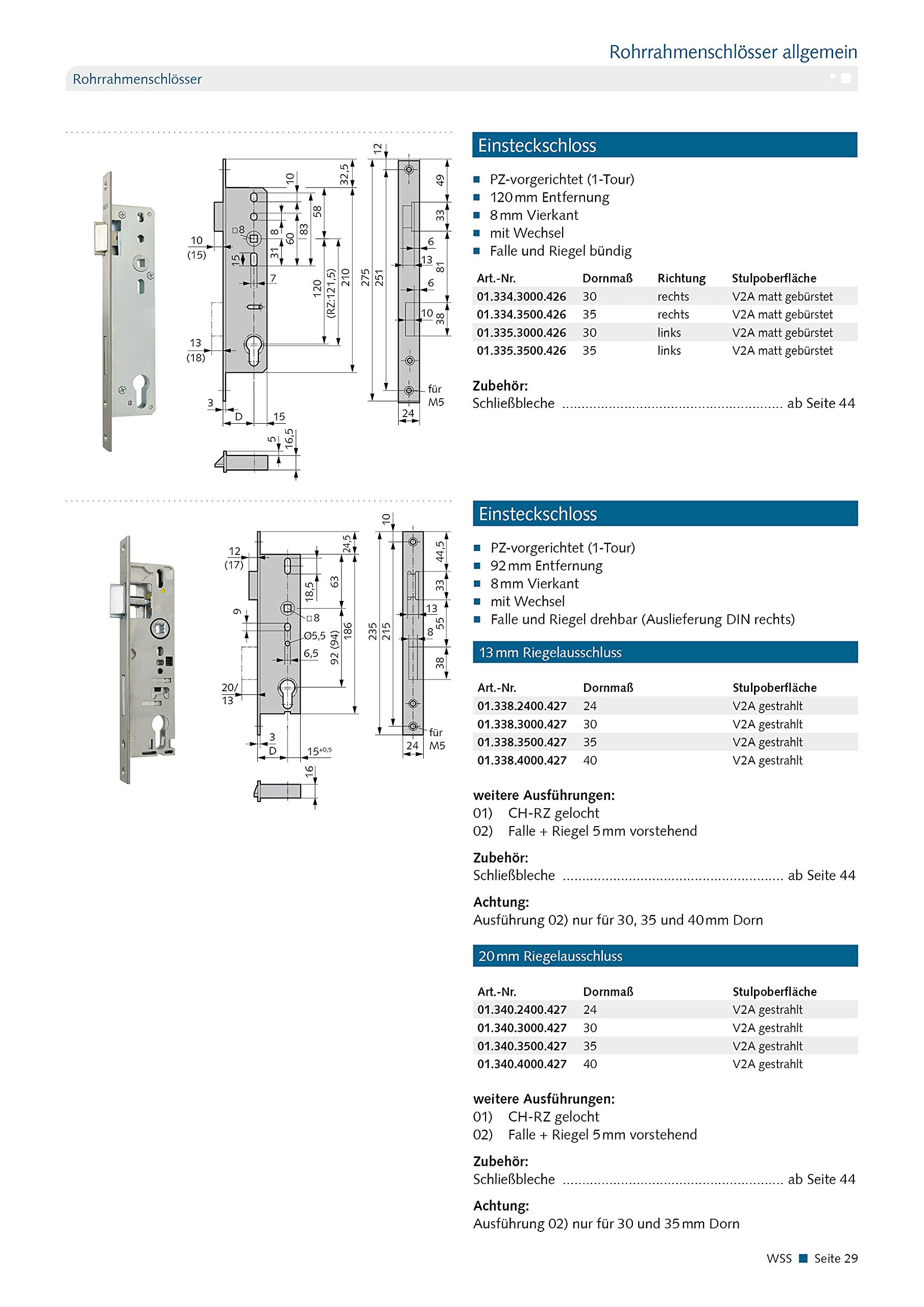 Einsteckschloss 20mm Riegel - Dornmaß: 40, Ausführung: PZ gelocht - 013404000427 erial/Oberflächen: Edelstahl V2A gestrahlt, Produkt-Richtung: DIN rechts/links verwendbar, Dornmaß: