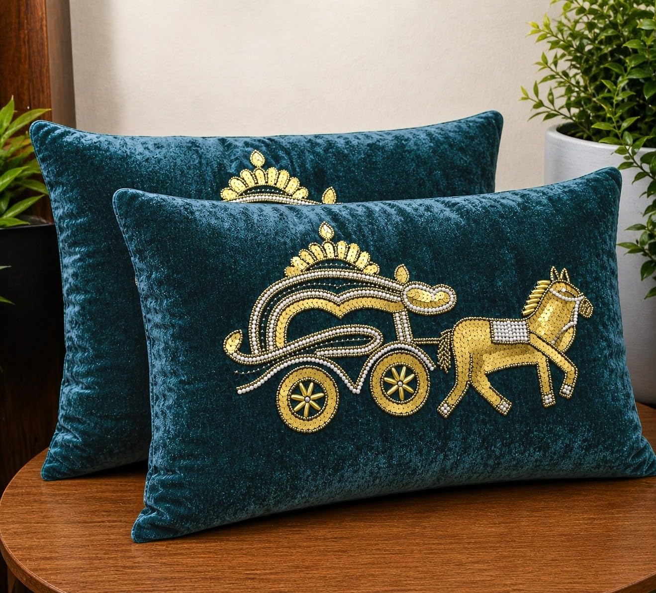 Mystik Homes Royal Rath Embroidered Sequence Work on Sparkle Velvet Cushion Pillow Covers 12x18 inch (Dark Sea Green) Set of 2pc 12x18 inch-image-16
