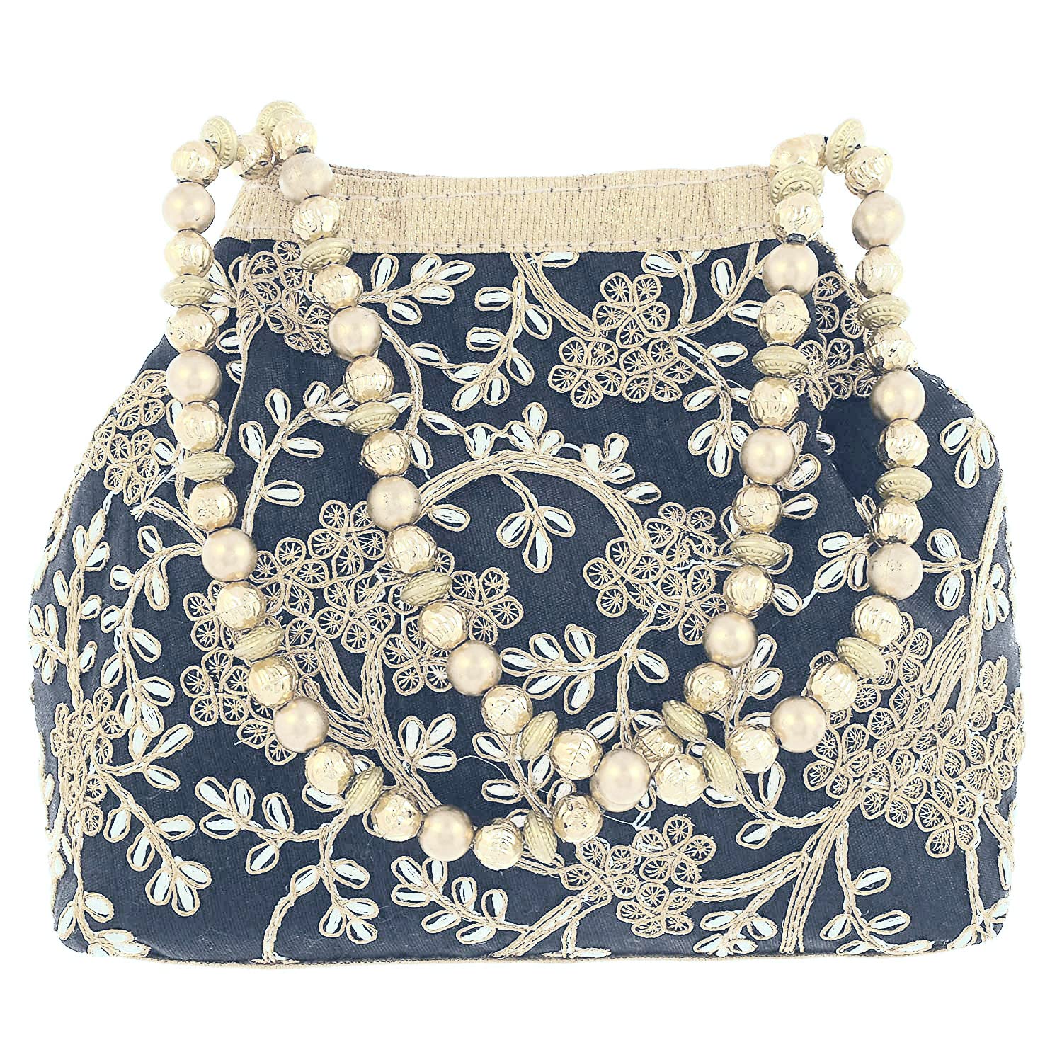 Kuber Industries Attractive Embroidery Polyester Hand Purse & Artificial Pearls Handle with 3 Magnetic Lock for Woman,Girls (Gray)-image-16