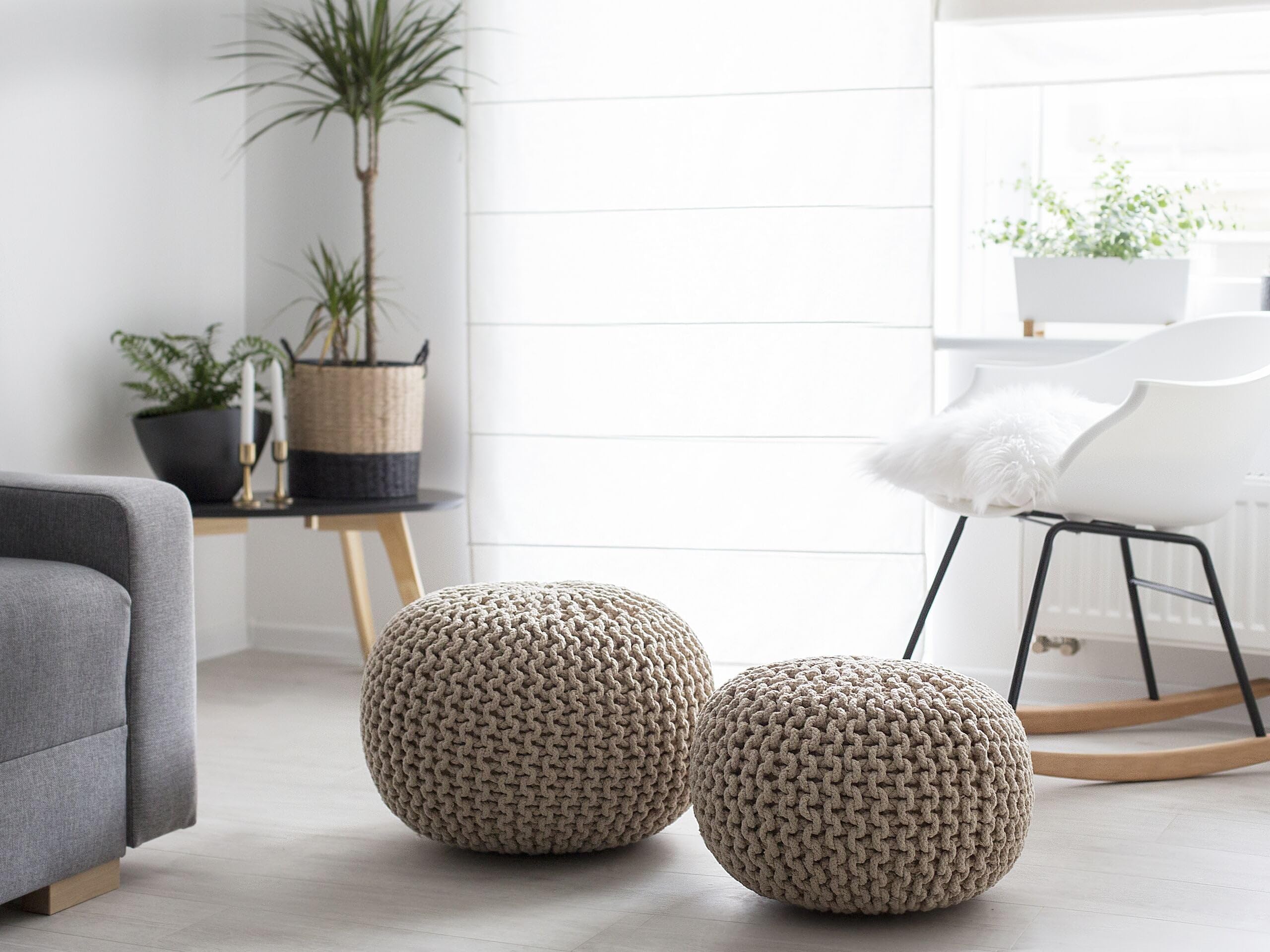 Beliani Pouf Rond en Coton Beige à Billes de Polystyrène Accessoire d'Intérieur Conrad