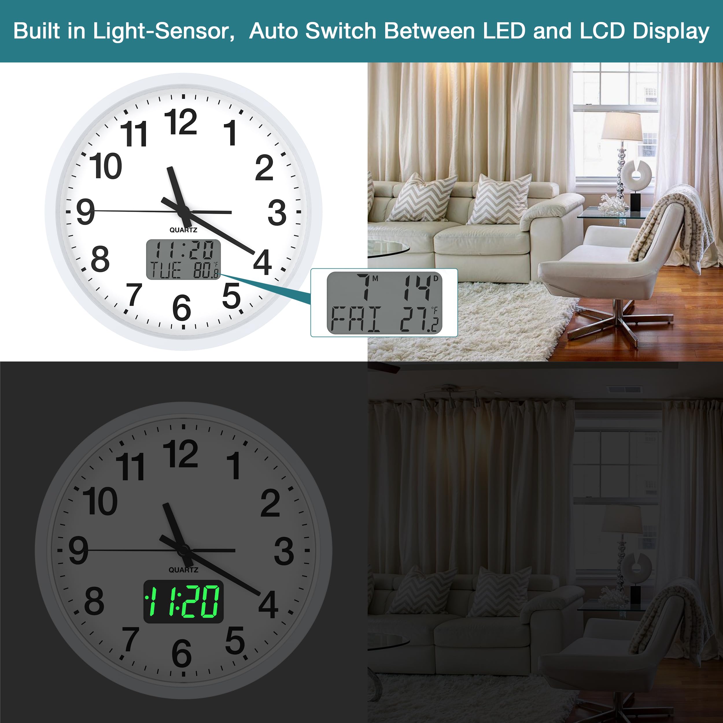 Relojes de pared pequeños modernos, sensor de luz/pantalla LED de hora/pantalla LCD de hora, fecha y temperatura, funciona con pilas, reloj de pared silencioso sin tictac, analógico clásico para