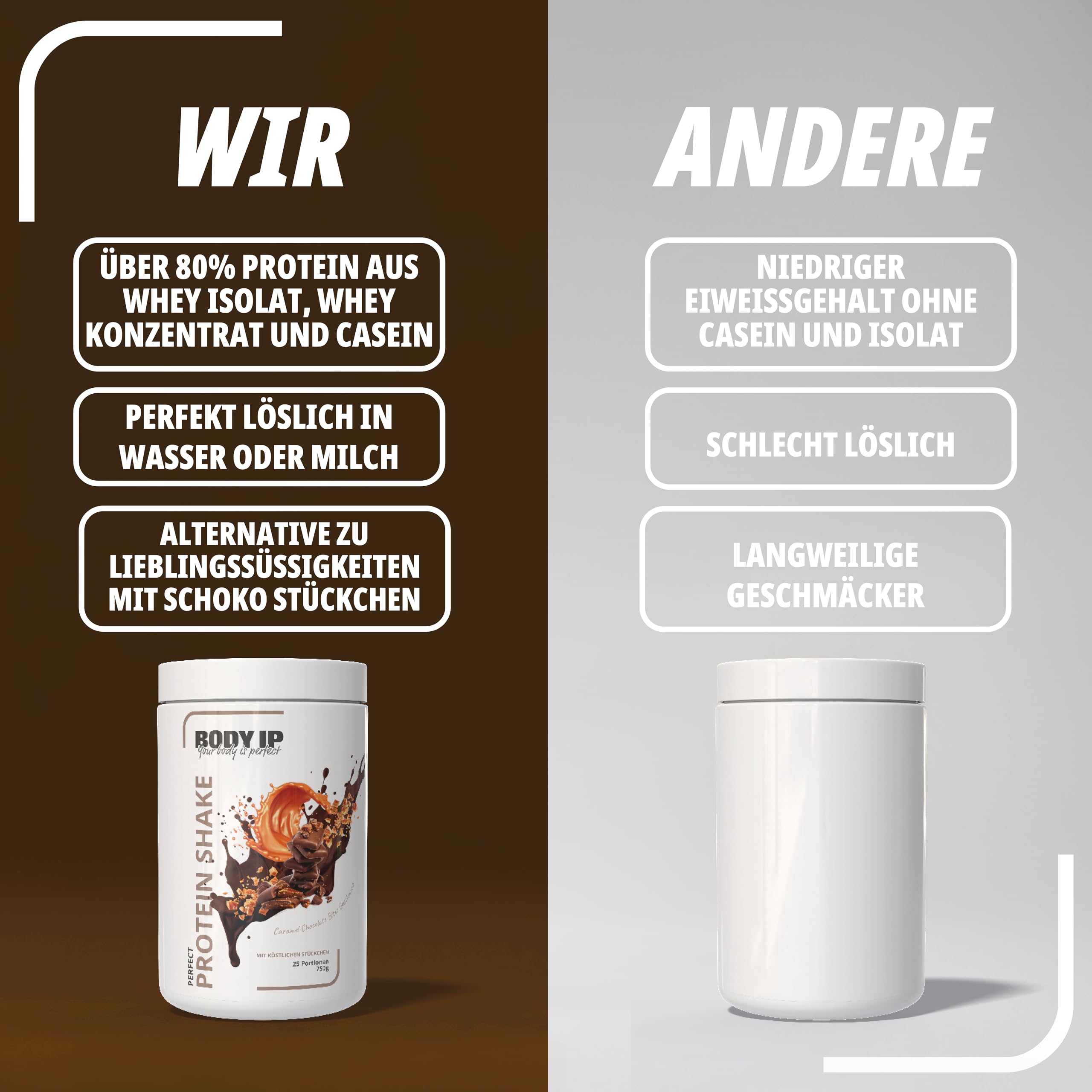 BODY IP Perfect Protein Pulver | dein Süßigkeitenersatz | Caramel Chocolate Bites | Whey Isolat, Whey Konzentrat & Casein | hoher BCAA Anteil | 25 Portionen | Protein Shake für Muskelaufbau | 750g