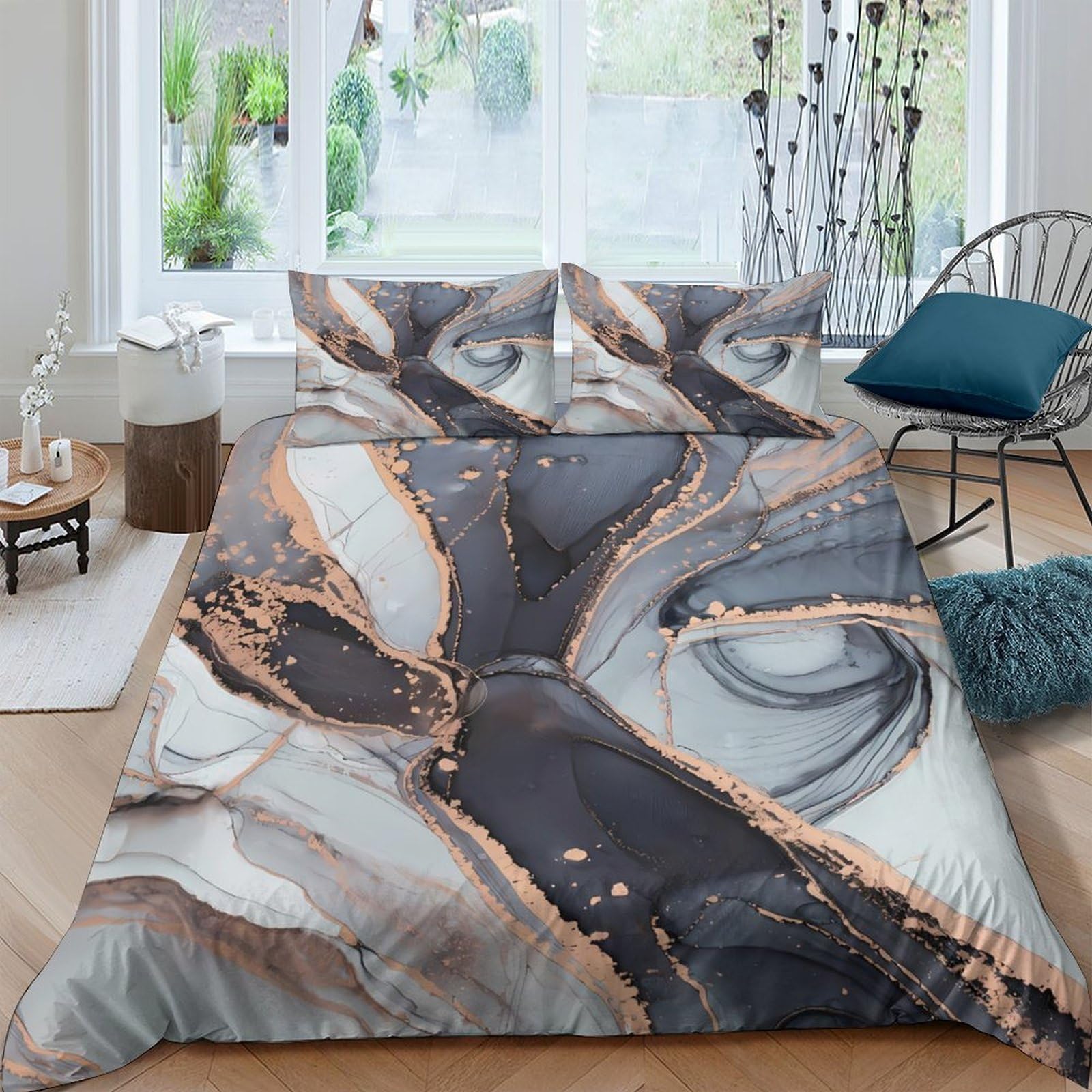 GPLZQXKJNH 3D Printed Marble Gold Vein Duvet Cover Set Microfiber Soft Breathable Abstract Bedding Set with 2 Pillowcases for Bedroom Decor Single（135x200cm）