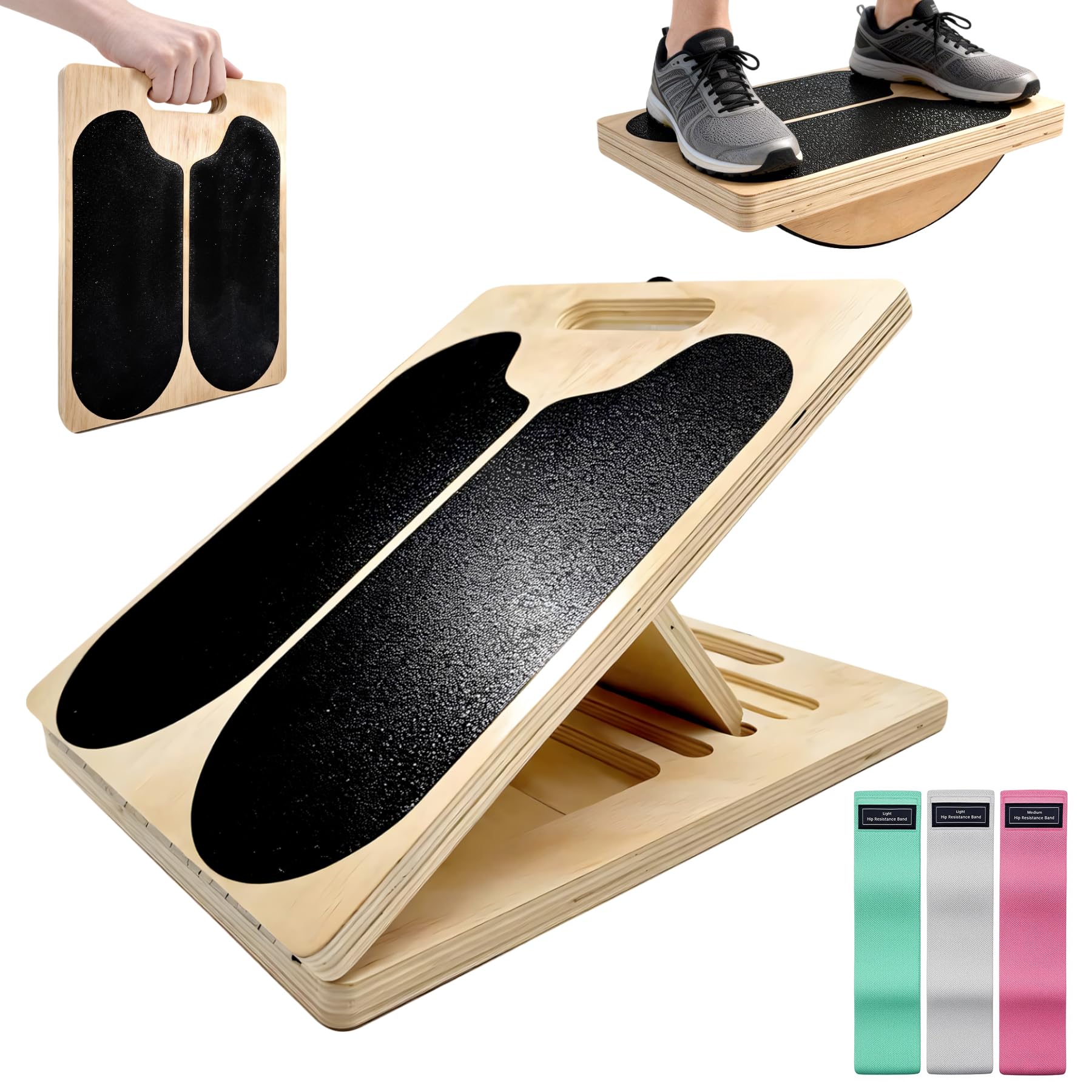 Slant Board for Calf Stretching with Resistance Bands 2-in-1 Wooden Balance Board