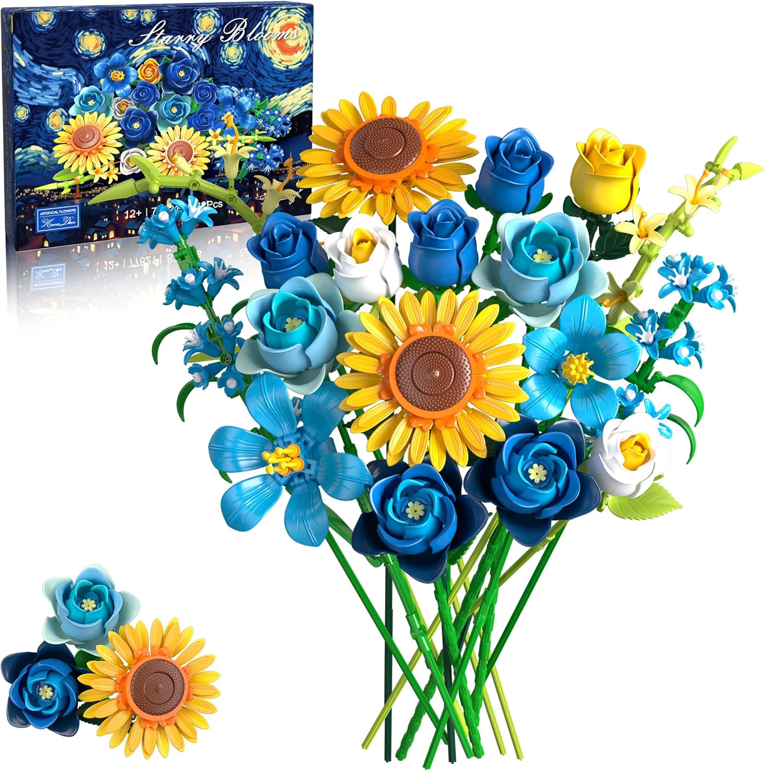 Blue Rose Sunflower Building Block Set: Compatible with Lego Flowers Adults Women Gothic Artificial Botanical Collection Van Gogh Starry Night Christmas Valentine's Gifts Home Decor (832 PCS) Gothic Blue Rose Sunflower Set