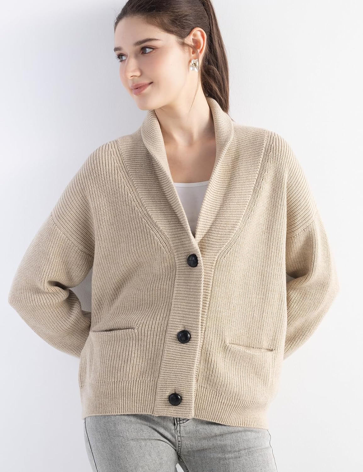 Women's Merino Wool Sweater V-Neck Ribbed 2025 Fall Winter Lapel Button Down Long Sleeve Knit Cardigan with Pocket
