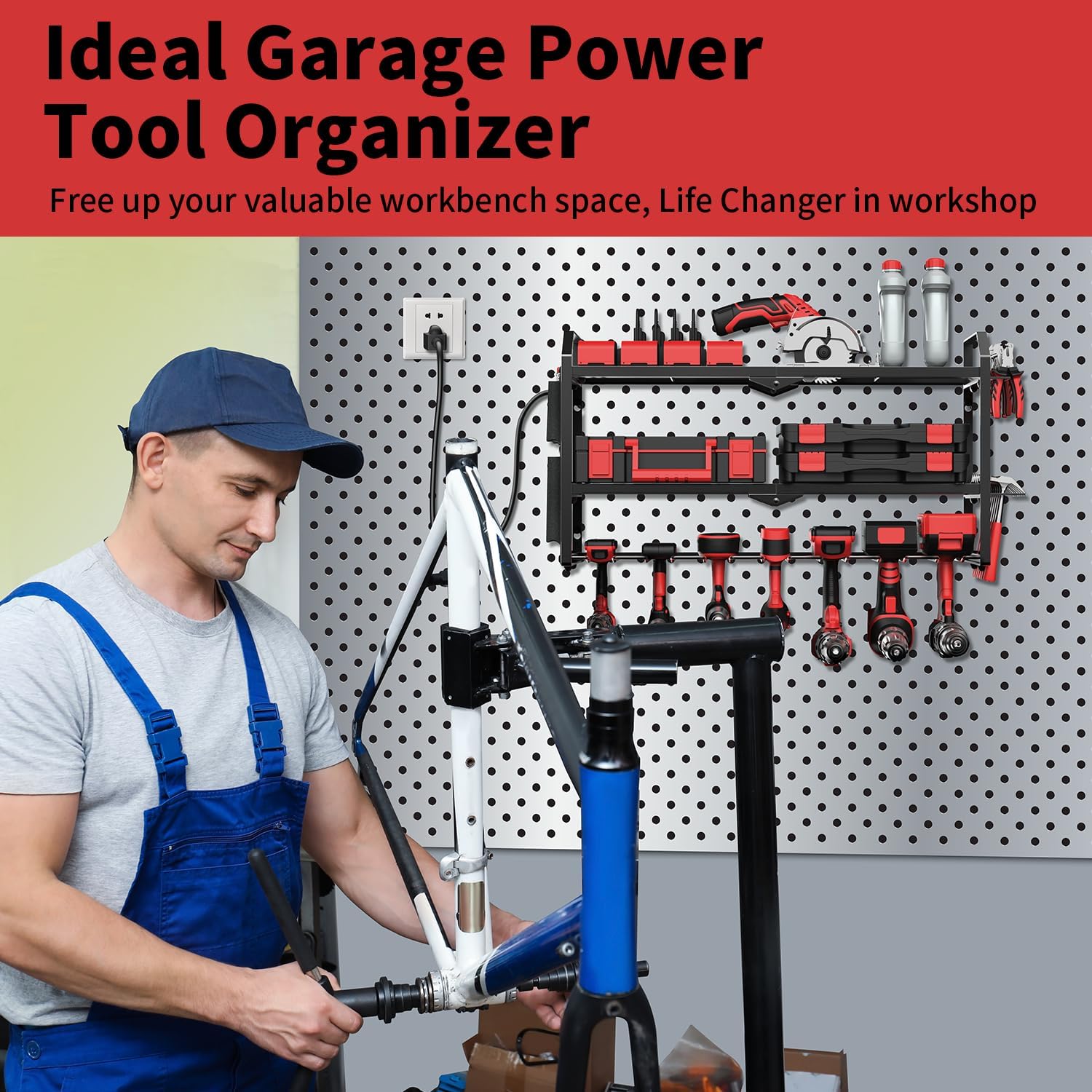 Power Tool Organizer Wall Mount with Charging Station, Heavy Duty Steel, 3 Shelves, Black, 26.37 x 7.87 x 14.14 inches, Garage, Workshop, Shed, Tool Room