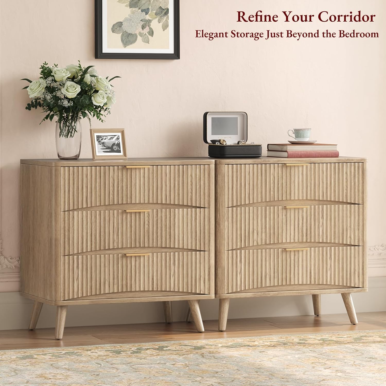 Evermagin 31.5“W Oversized Fluted Nightstands Set of 2, 3 Drawer Light Wood Night Stand, Extra Large Wide Bedside Table, Mid Century Modern Bedside Table for Bedroom, Natural Oak
