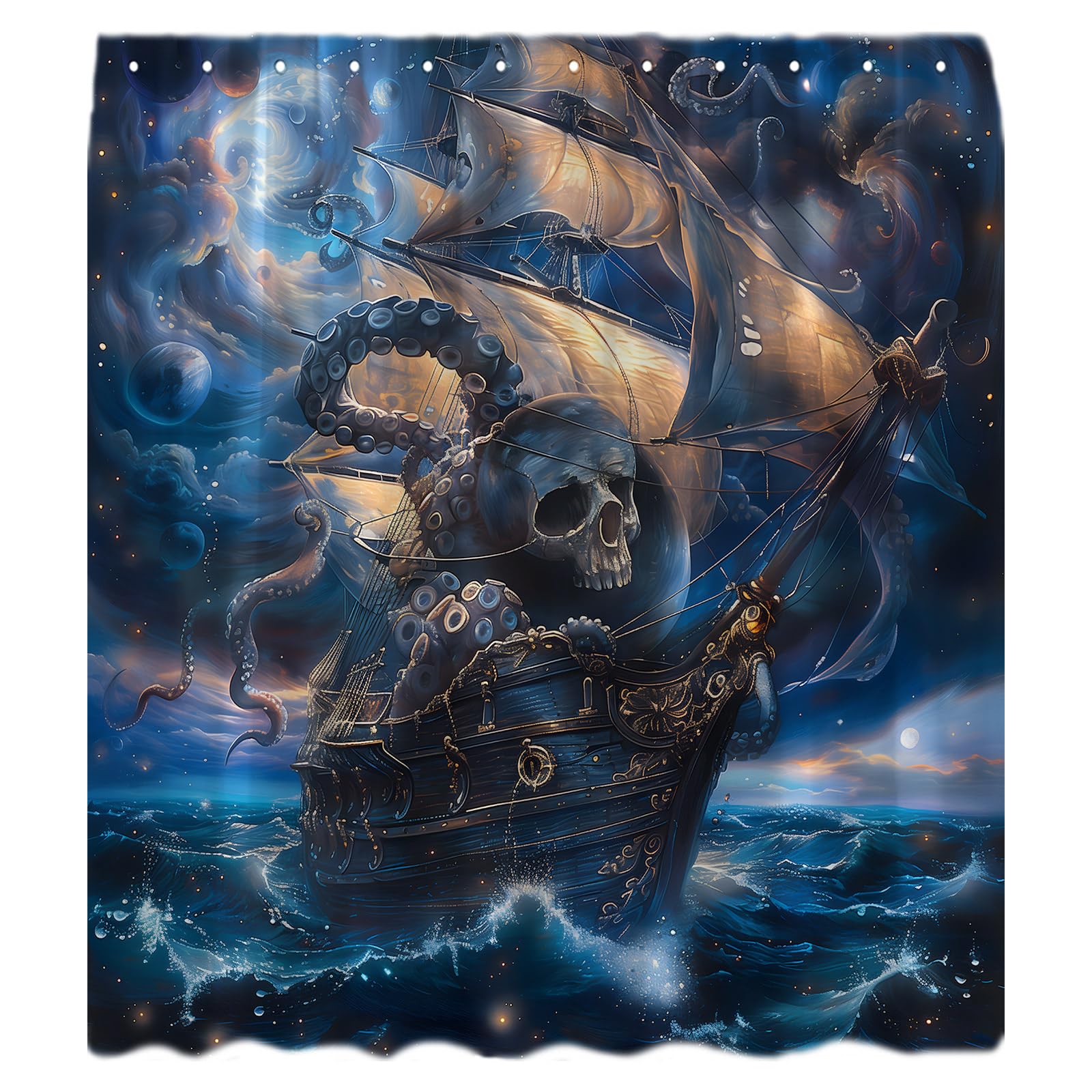Funny Nautical Octopus Shower Curtain, Cool Coastal Ocean Beach Fabric Shower Curtains Set For