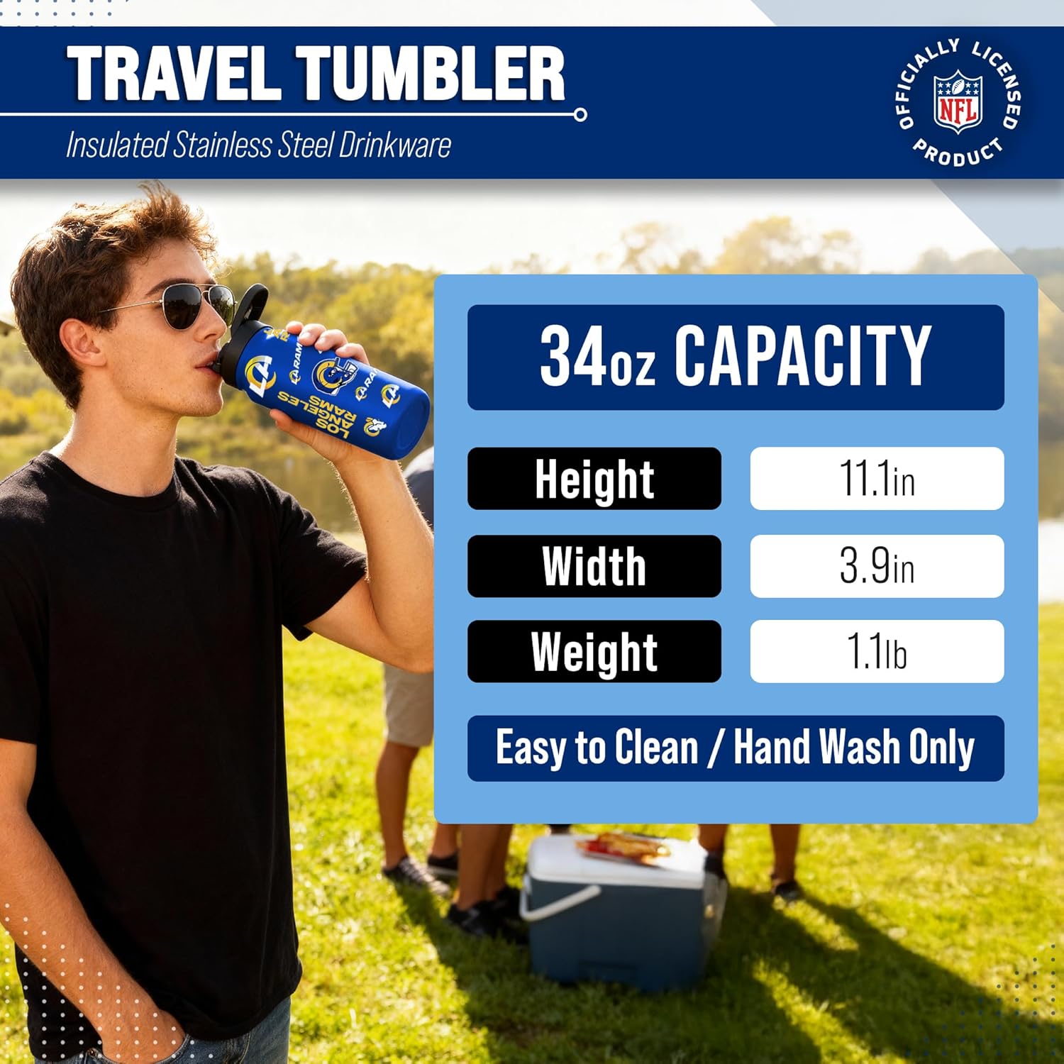 Team Fan Apparel NFL 34oz Quencher Stainless Steel Insulated Water Bottle, Easy-Carry, No-Spill, No-Leak Lid, Flip Top Spout - Image 6