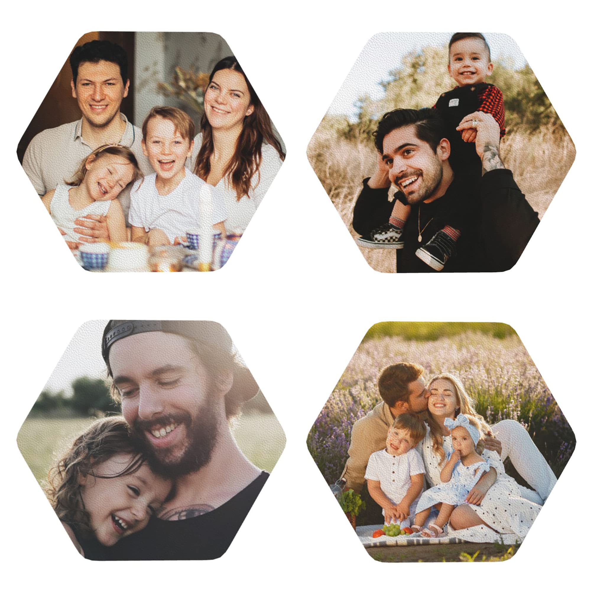 Personalised Photo Coasters for Drinks, Custom Faux Leather Cup Mat Set with Any Picture Text Logo, Coffee Table Coasters, Housewarming Birthday Gift, Hexagon, 4 PCS