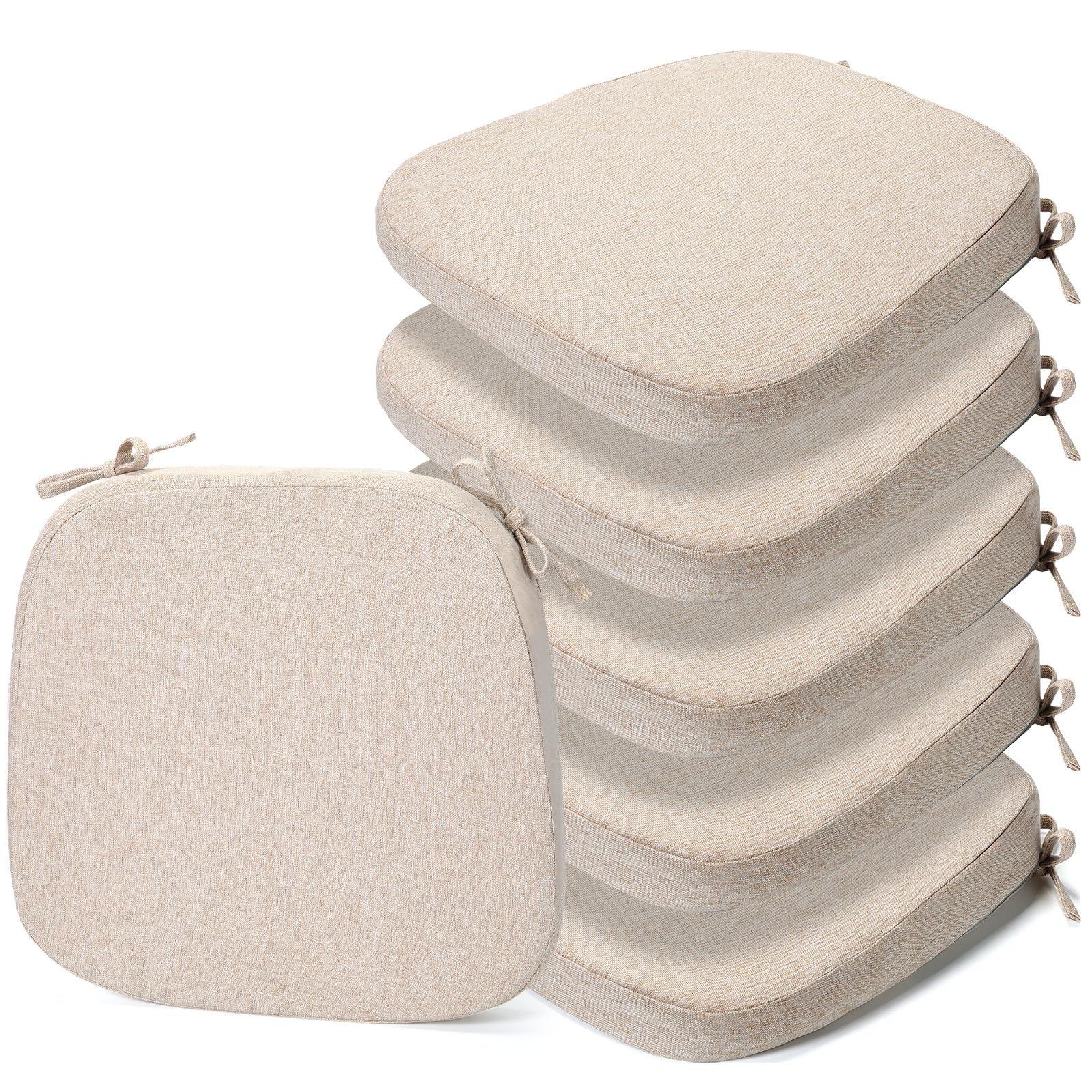 Timgle 6 Pcs Dining Room Chair Cushions with Ties 17 x 16.5 x 2 Inch Kitchen Chair Pad with High Density Sponge Seat Cushion Removable Chair Cover Machine Washable (Khaki)