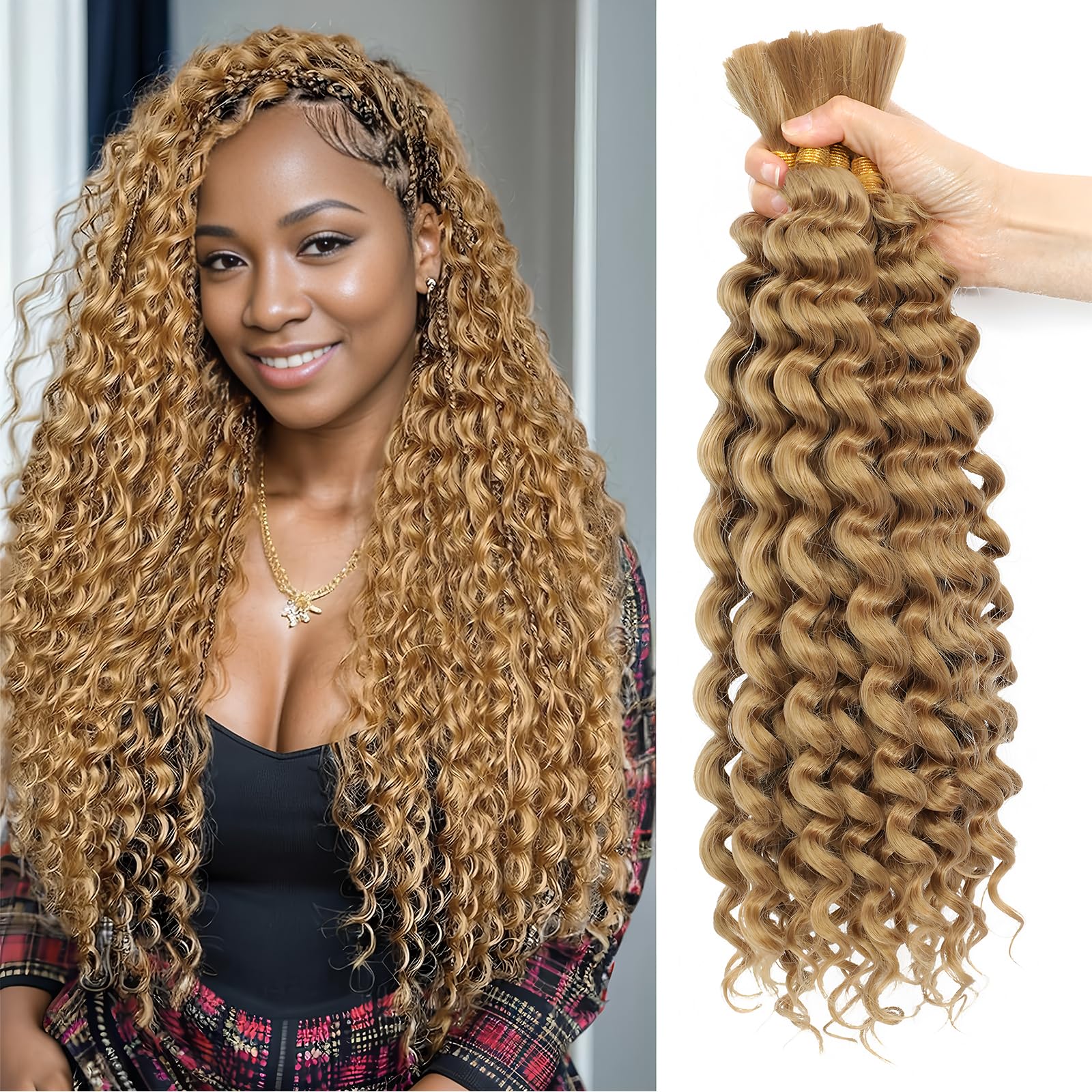 BLTYXT Deep Wave Bulk Hair 18 Inch 6 Bundles Synthetic Braiding Hair Curly Crochet Hair Boho Braids Natural Color for Hair Extensions (27