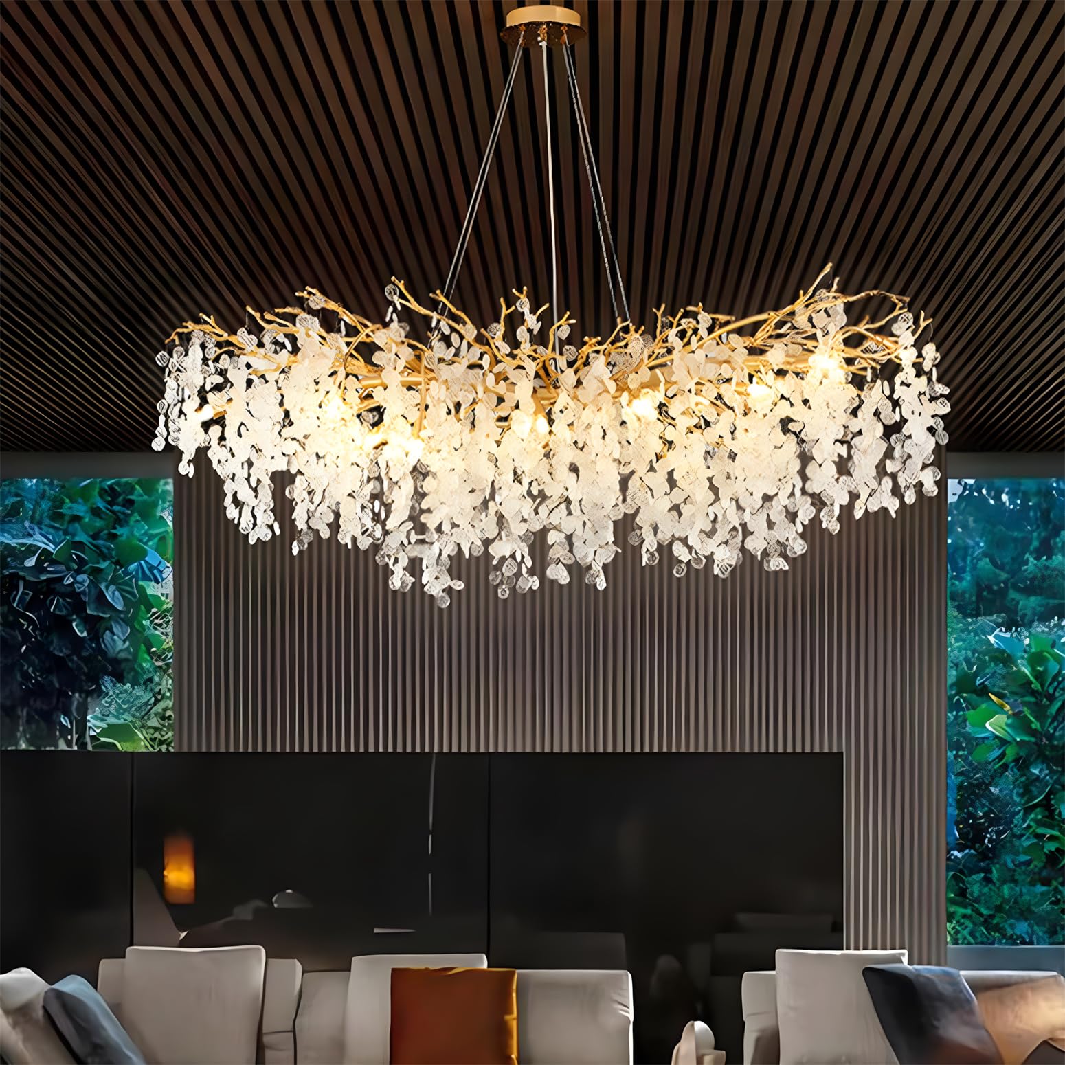 KXEcoLife Modern Crystal Chandeliers, L100CM Tree Branch Leaves Chandelier, Rectangle Dining Room Light Fixture, Hanging Pendant Lights for Kitchen Island, Chandeliers Entryway Living Room,