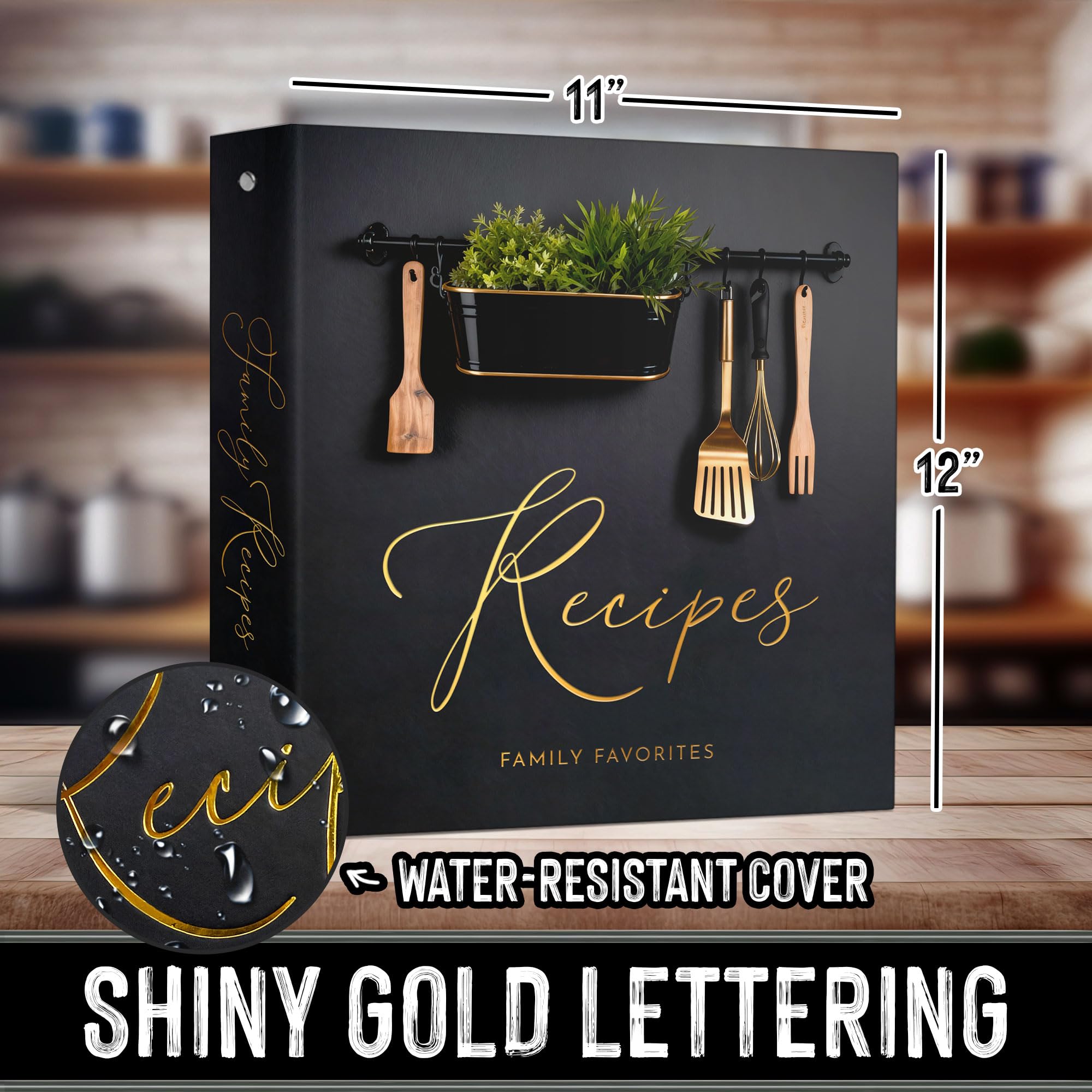 Carpeta de recetas familiares (11 x 12 pulgadas), carpeta organizadora de recetas de 3 anillos con fundas de plástico, tarjetas de recetas, separadores y caja de regalo (negro y dorado)