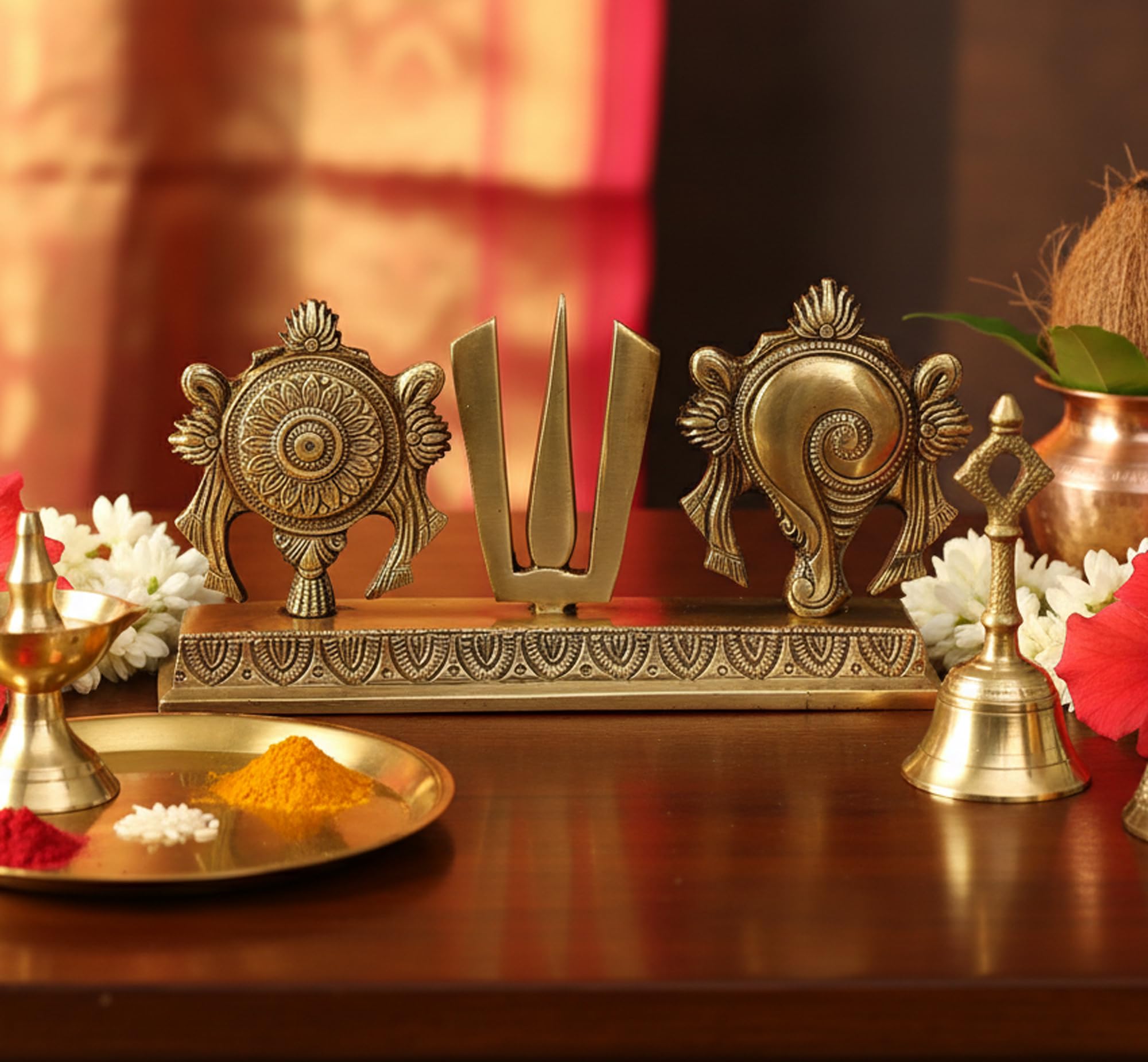 eSplanade Brass Shankh Chakra Namah Showpiece | Shankha Chakra Tilak | Shankha Gada Padma | Padmanabha Swami | Vishnu | Home Decor |