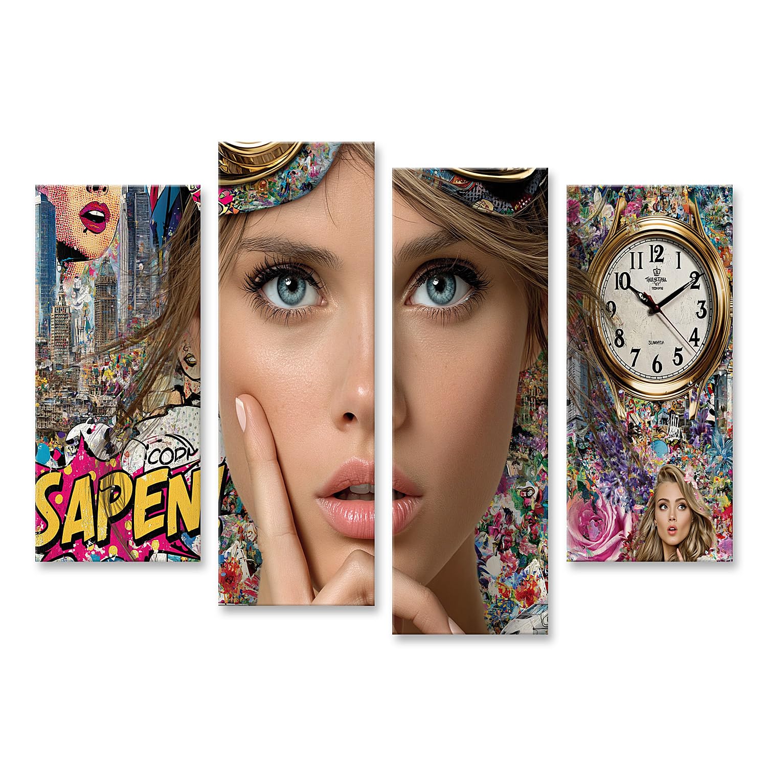 islandburner Lot de 4 tableaux sur toile - Collage de bande dessinée pop art - Pour le salon - Pour les amateurs d'art