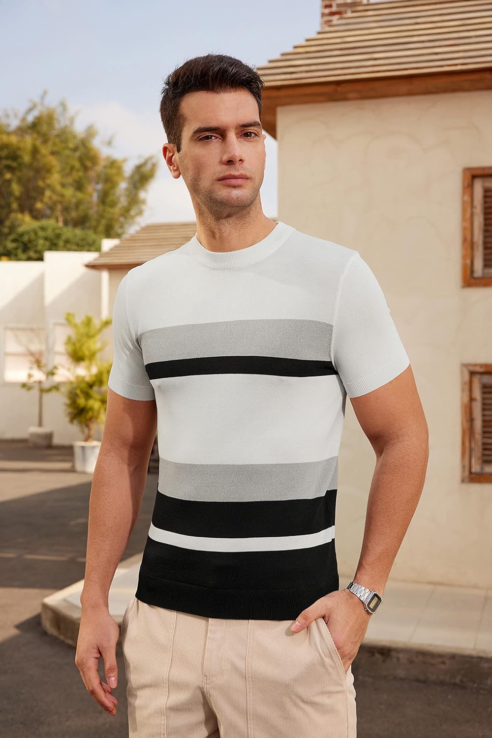 Men's Casual Short Sleeve Contrast Stripe Pullover Sweater Slim Fit Crewneck Knitwear M Ivory